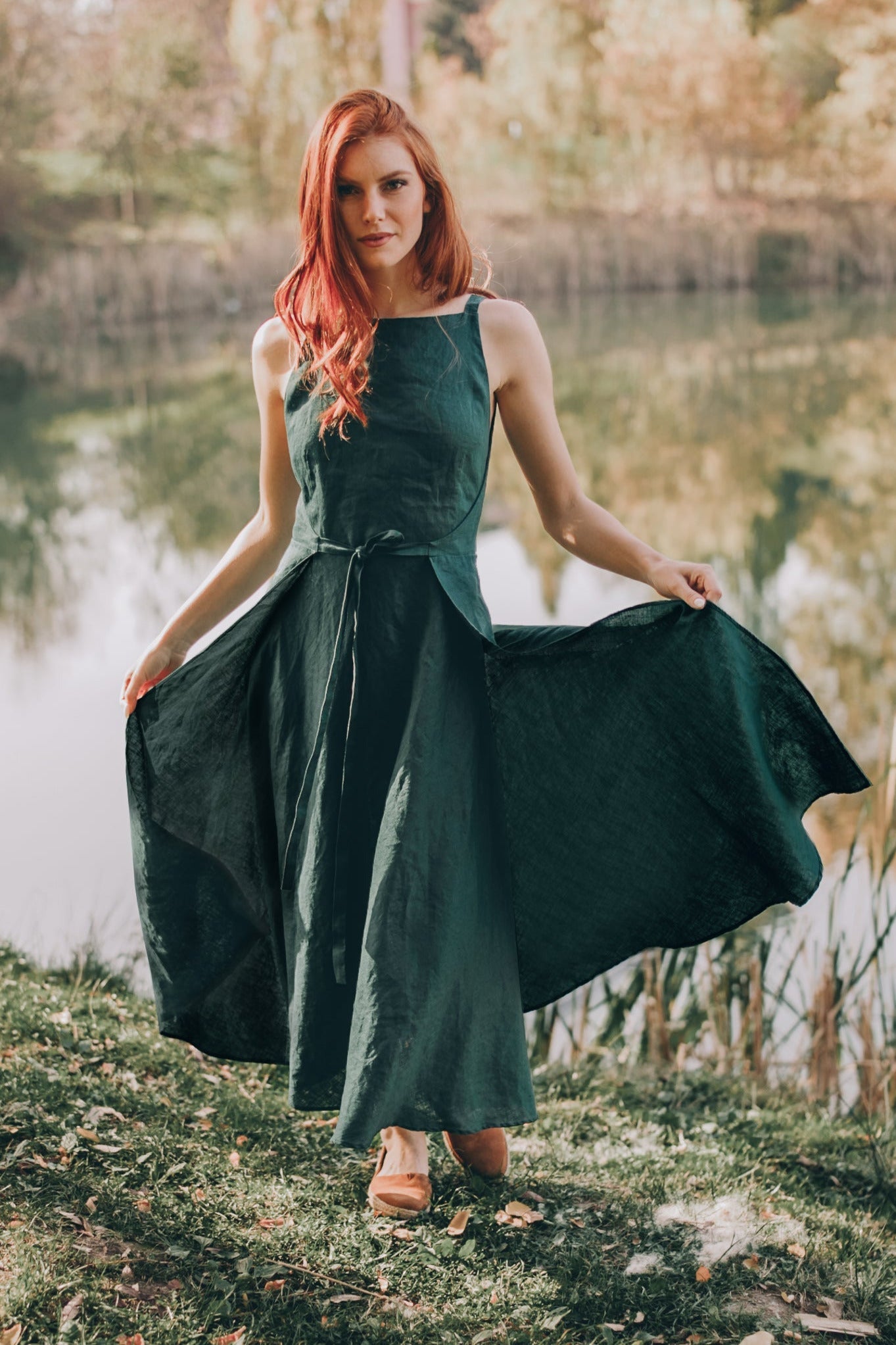 slim fit dress slacks Green Linen Blend Halter Midi Dress – Mint Velvet main image 1