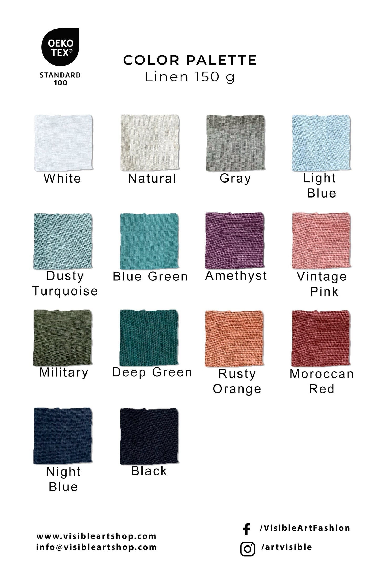 Color palette for Loose Linen Midi Dress in white, natural, gray, light blue, dusty turquoise, blue green, amethyst, vintage pink, military, deep green, rusty orange, Moroccan red, night blue, and black.