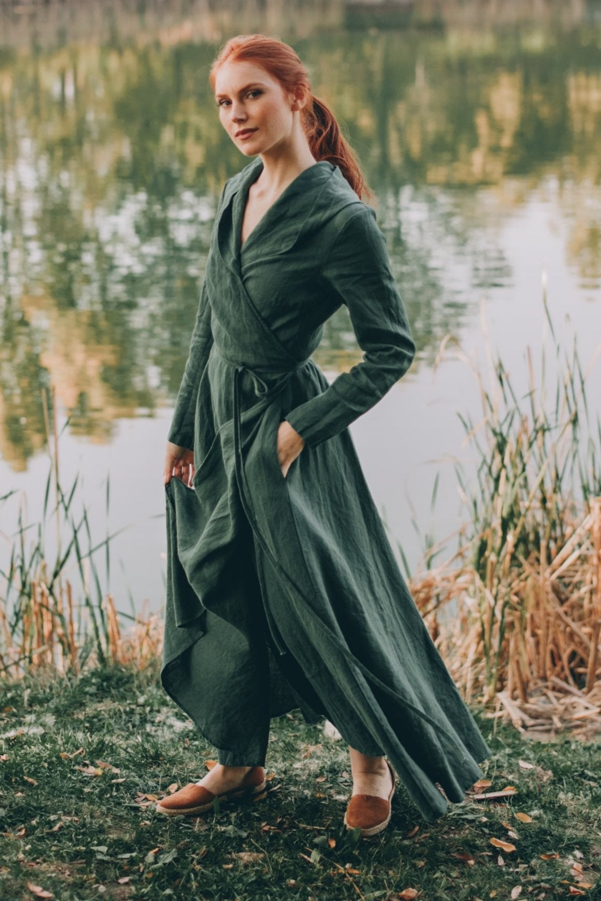 Hooded Linen Maxi Dress with Tie Waist, VisibleArtShop