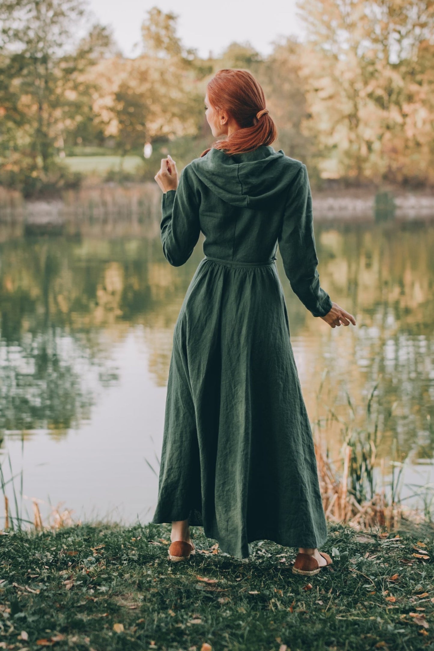 Hooded Linen Maxi Dress with Tie Waist, VisibleArtShop