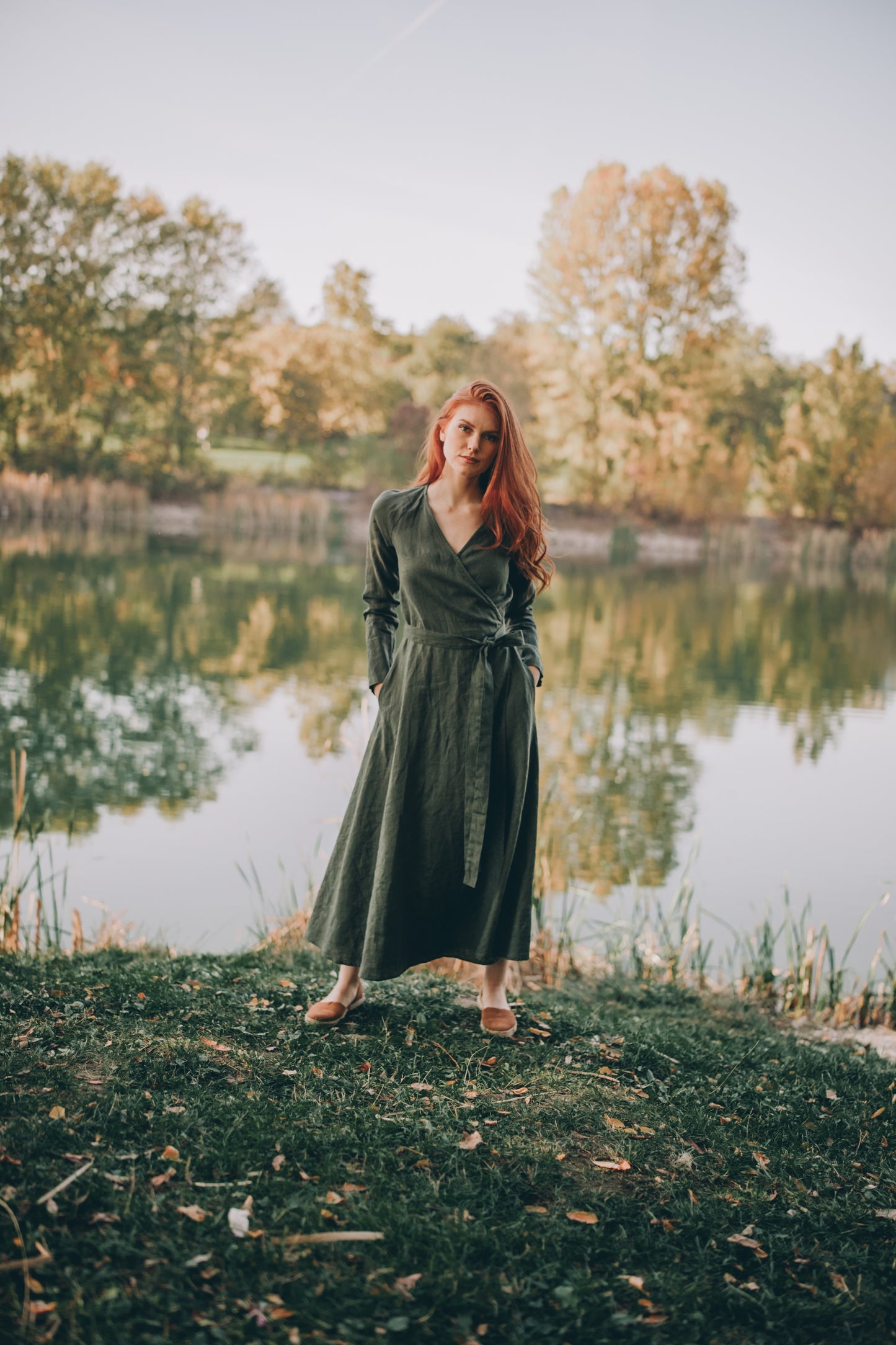 Long Sleeved Linen Wrap Dress in Midi Length, VisibleArtShop