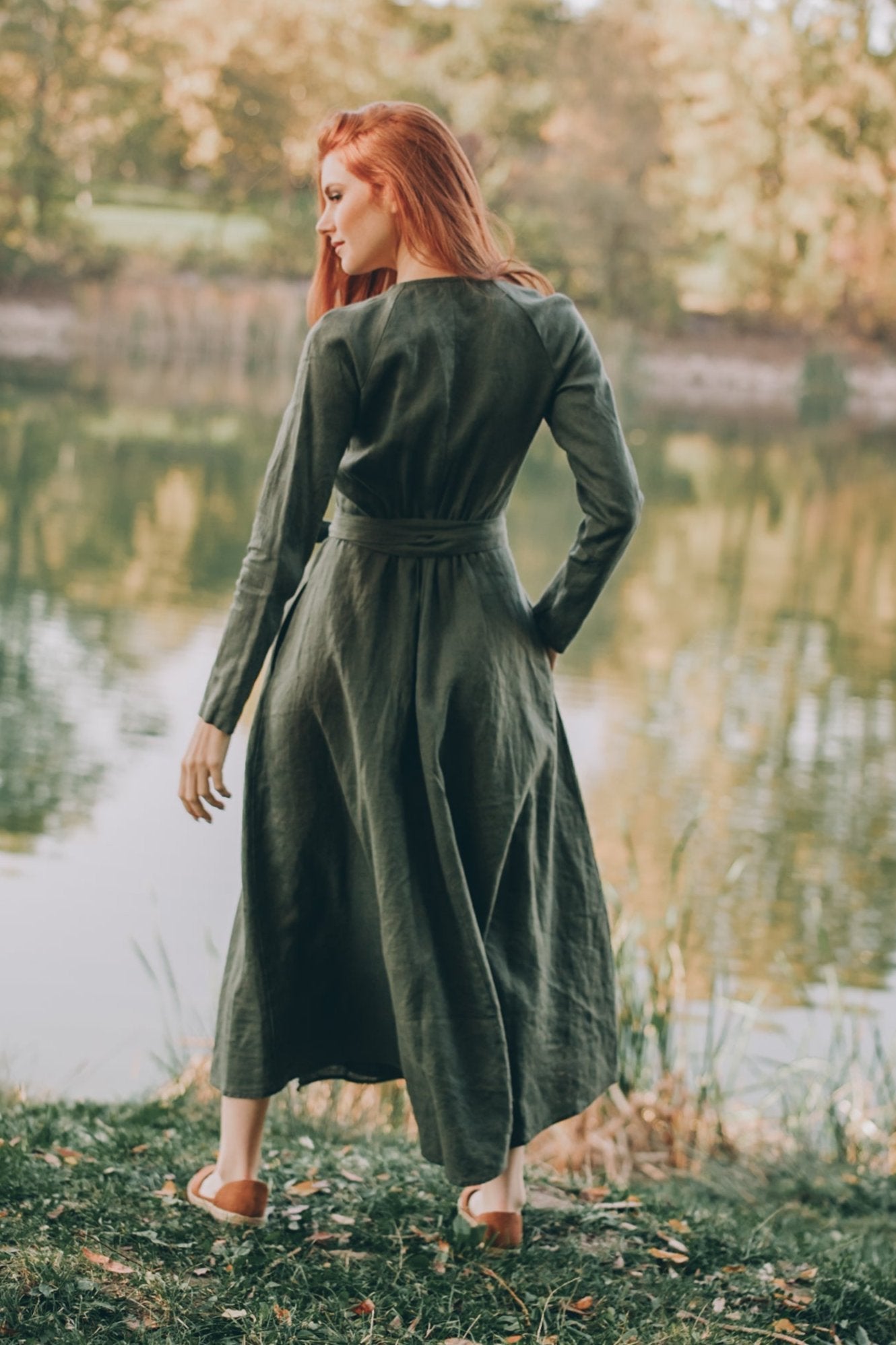 Long Sleeved Linen Wrap Dress in Midi Length, VisibleArtShop