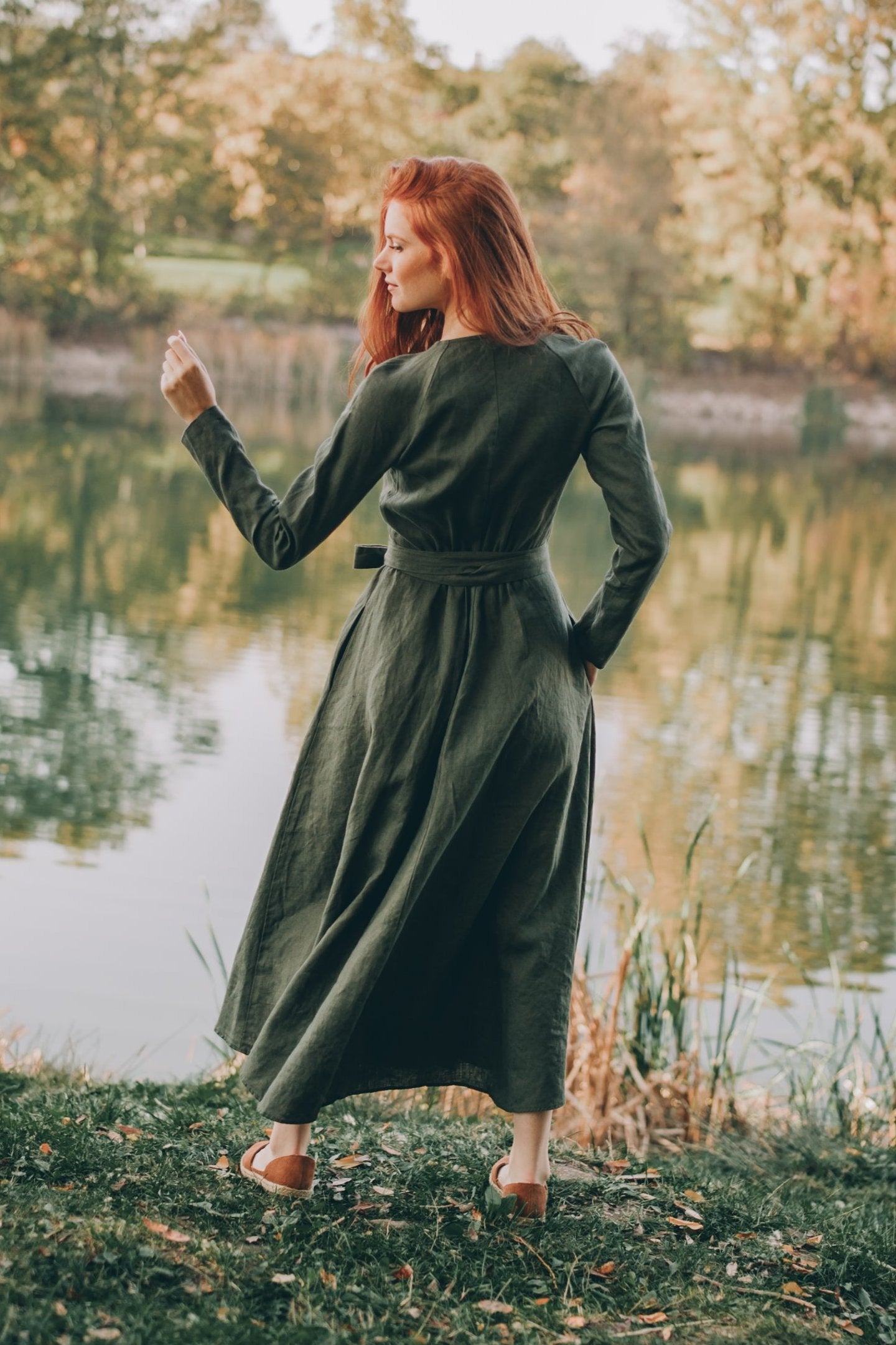 Long Sleeved Linen Wrap Dress in Midi Length, VisibleArtShop