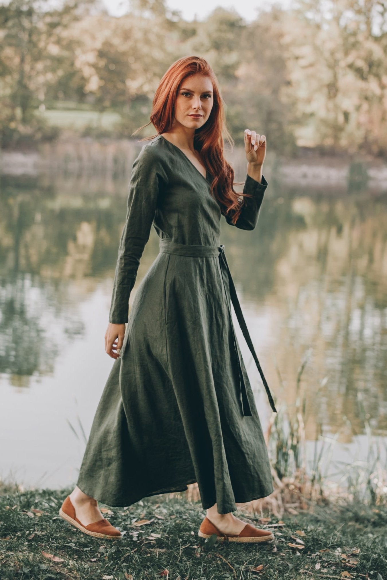 Long Sleeved Linen Wrap Dress in Midi Length, VisibleArtShop