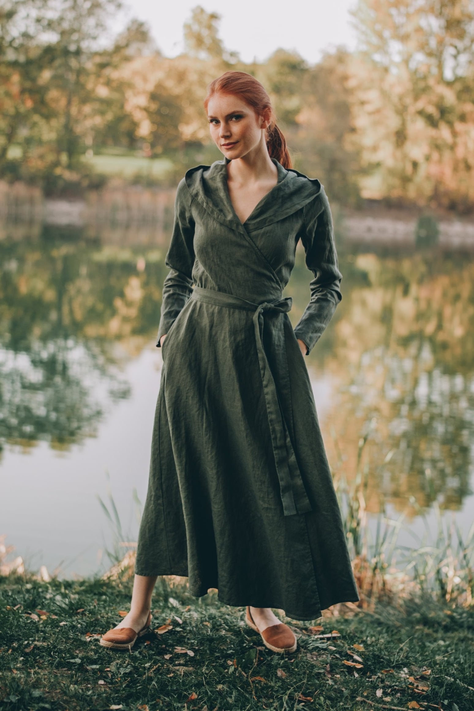 Linen A-Line Midi Dress with Hood, Green Dress, Stylish Linen Wrap Dress, Linen Dress for Women, Long Sleeve Autumn Dress from Heavy Linen,, L / White