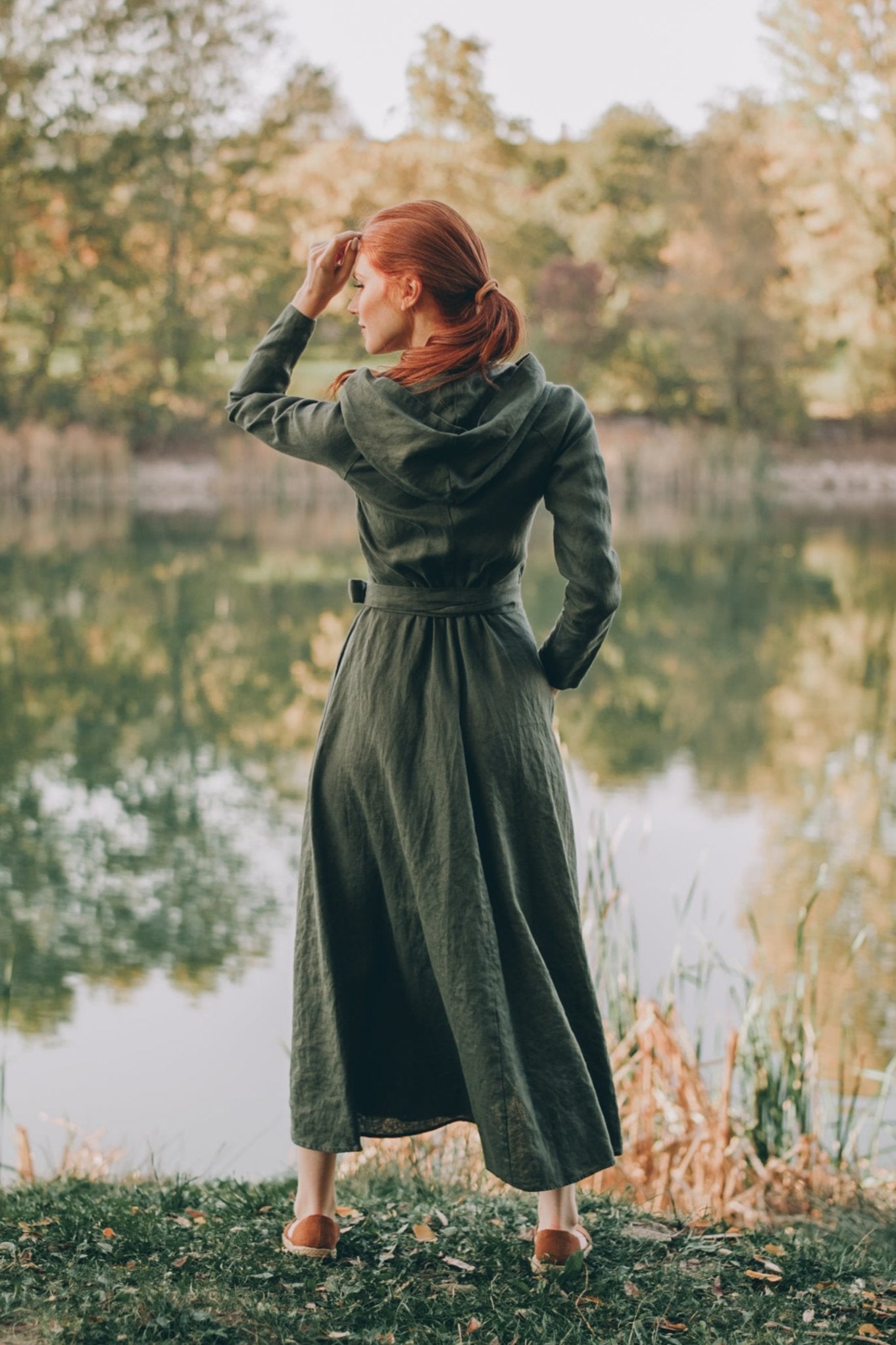 Linen A-Line Midi Dress with Hood, VisibleArtShop