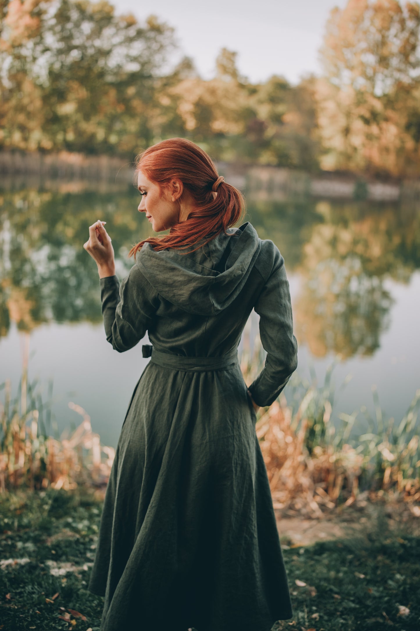 Linen A-Line Midi Dress with Hood, VisibleArtShop