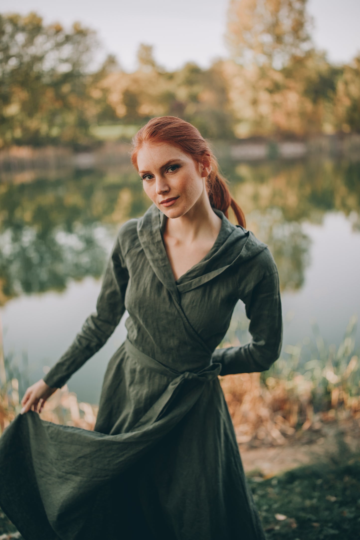 Linen A-Line Midi Dress with Hood, VisibleArtShop