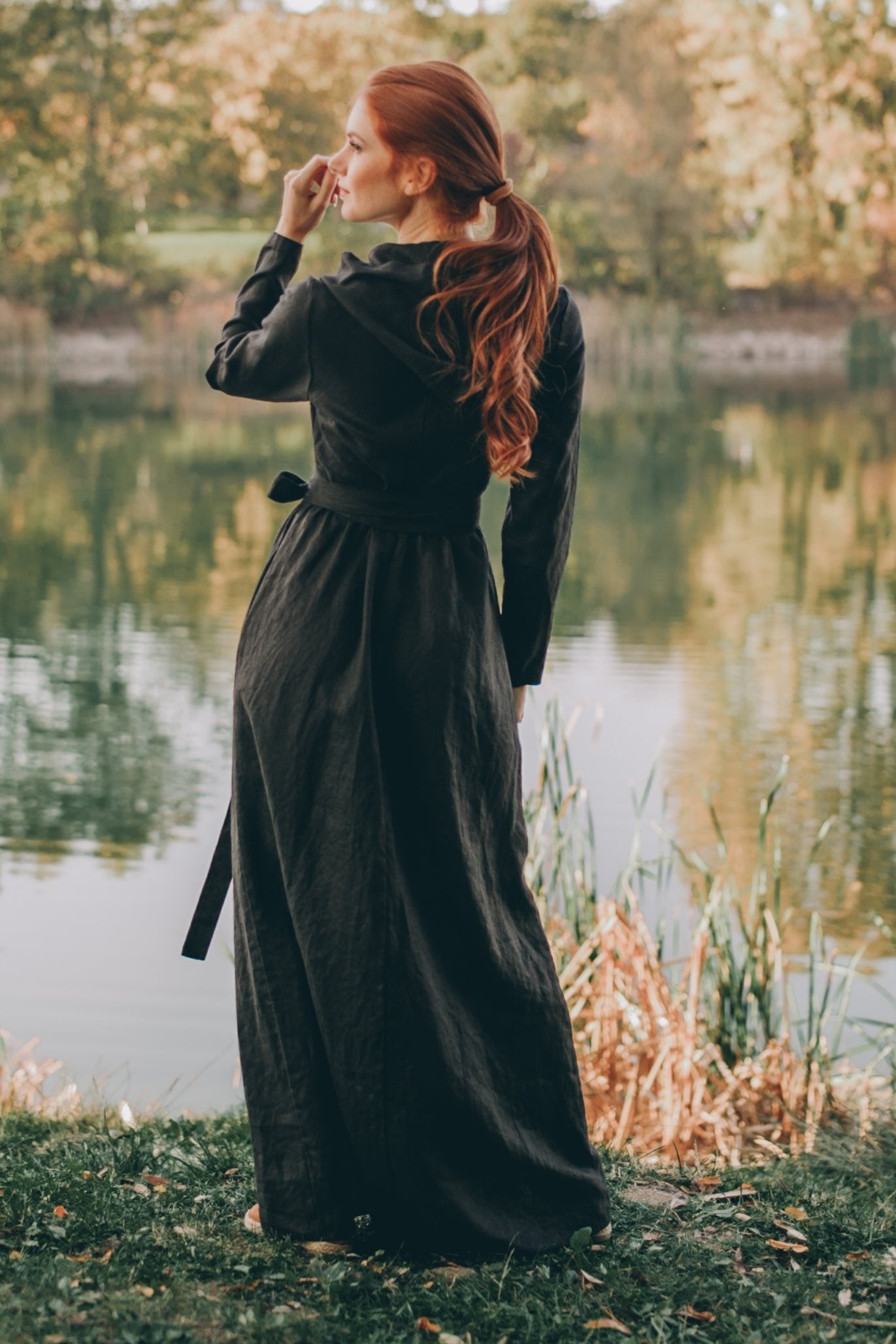 Long Sleeve Linen Wrap Dress with Hood, VisibleArtShop