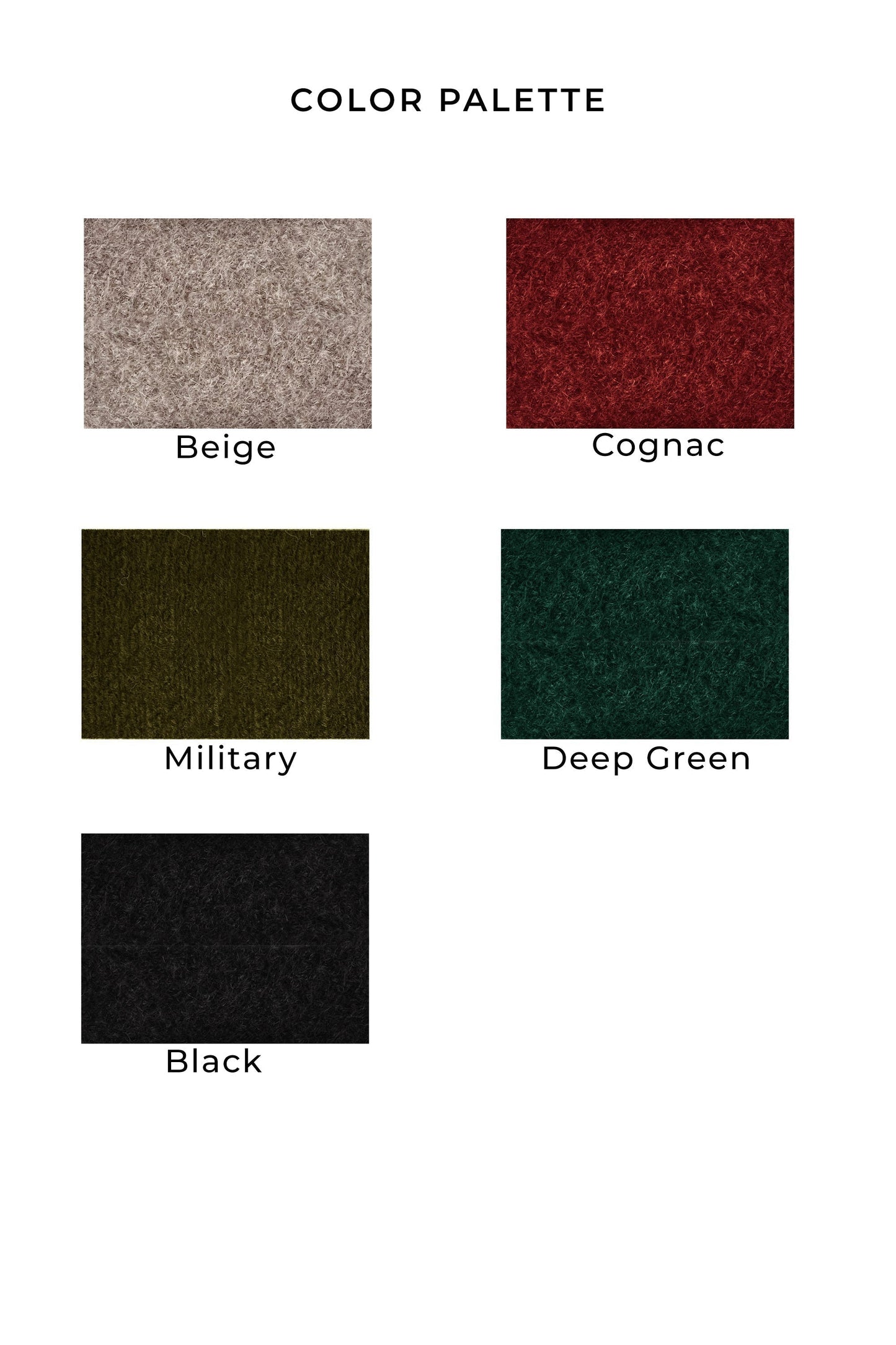 Color palette with samples labeled as Beige, Cognac, Military, Deep Green, and Black.