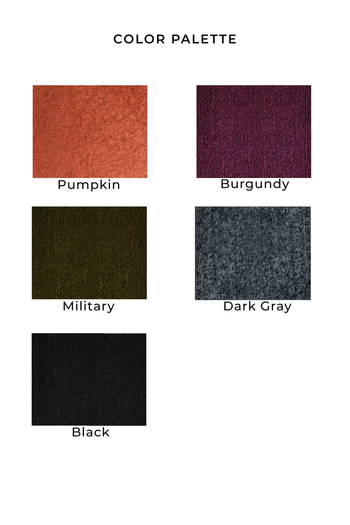 Color swatches labeled Pumpkin, Burgundy, Military, Dark Gray, and Black on a white background.