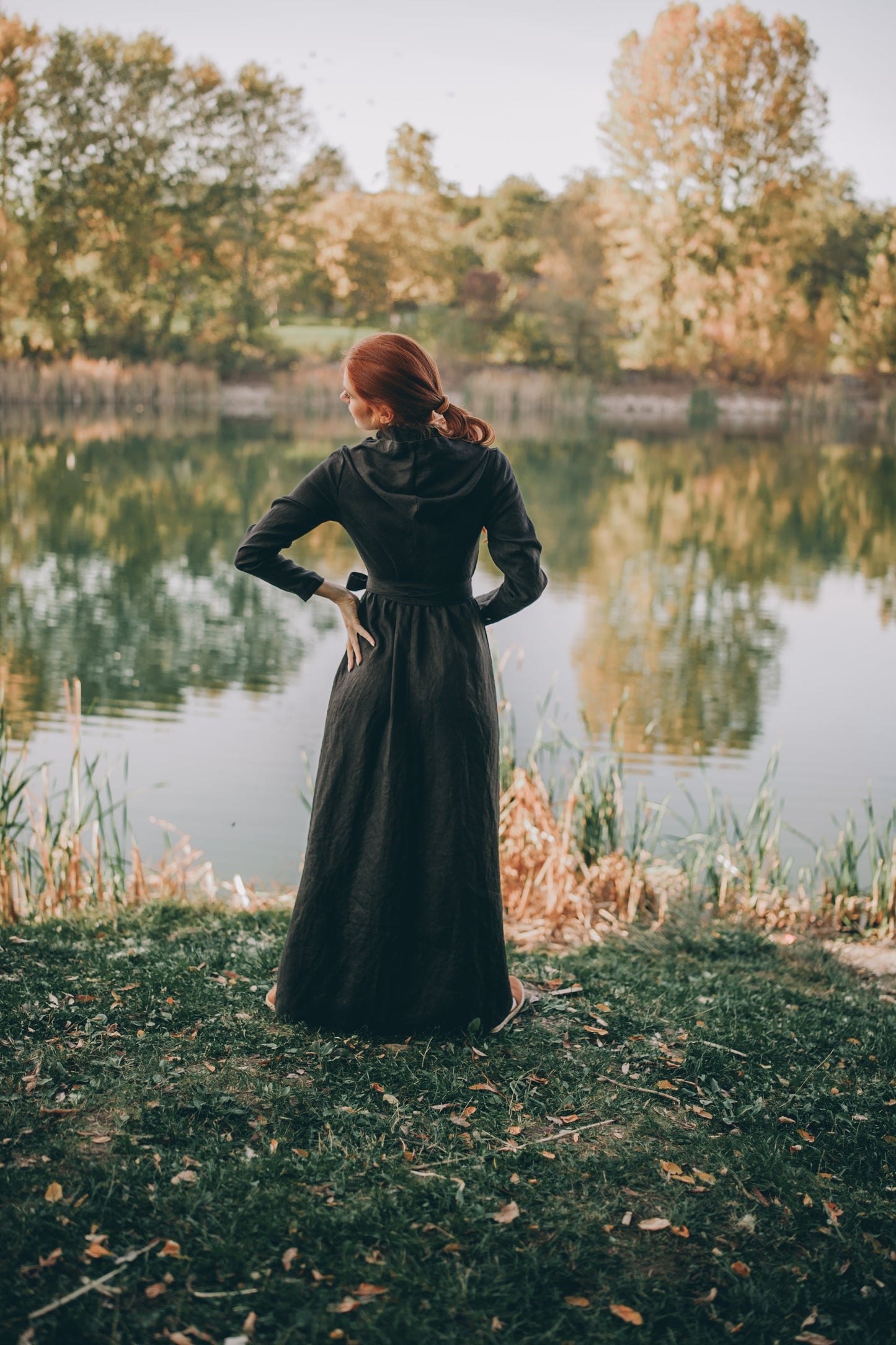 Long Sleeve Linen Wrap Dress with Hood, VisibleArtShop