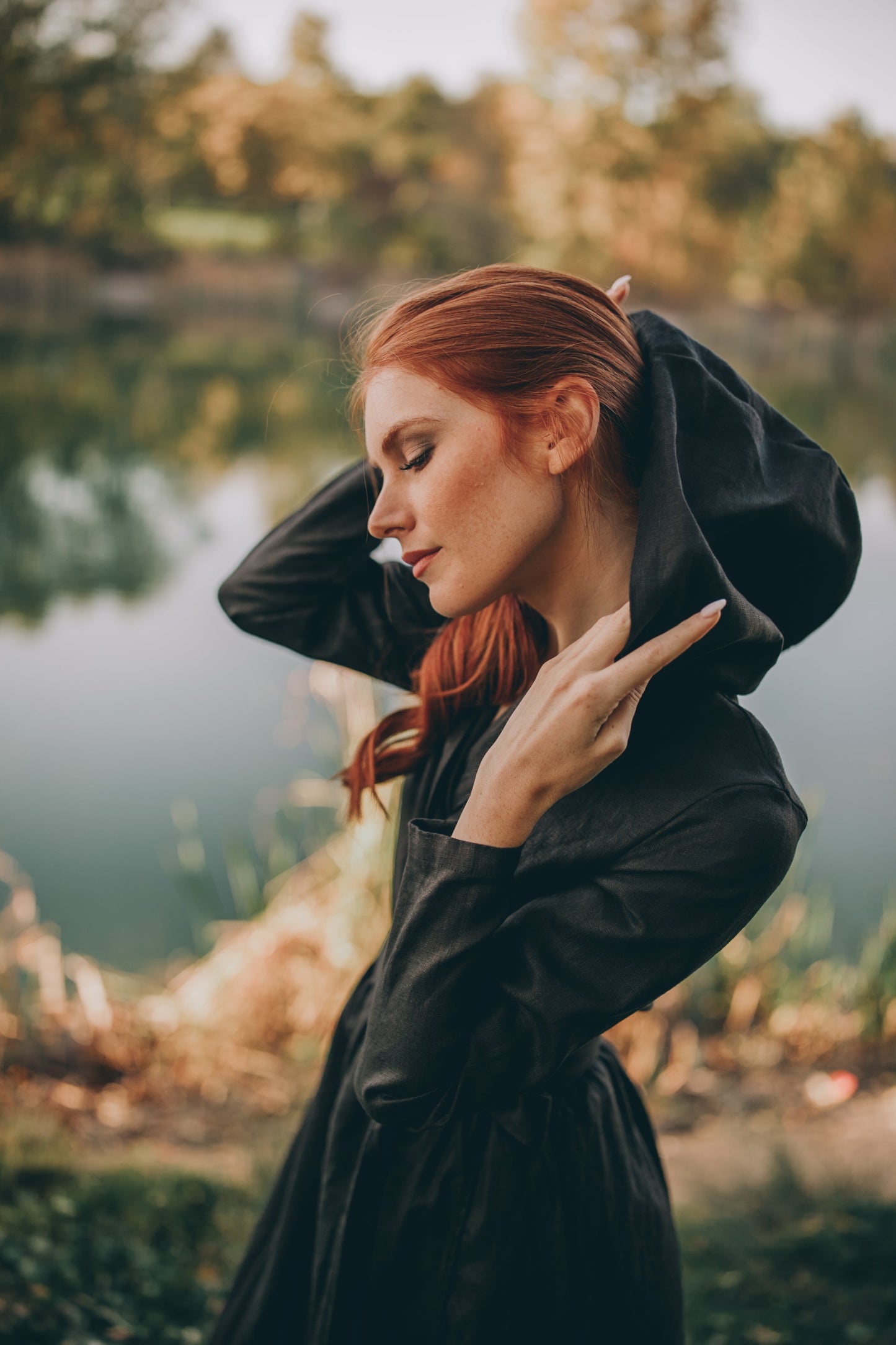 Long Sleeve Linen Wrap Dress with Hood, VisibleArtShop