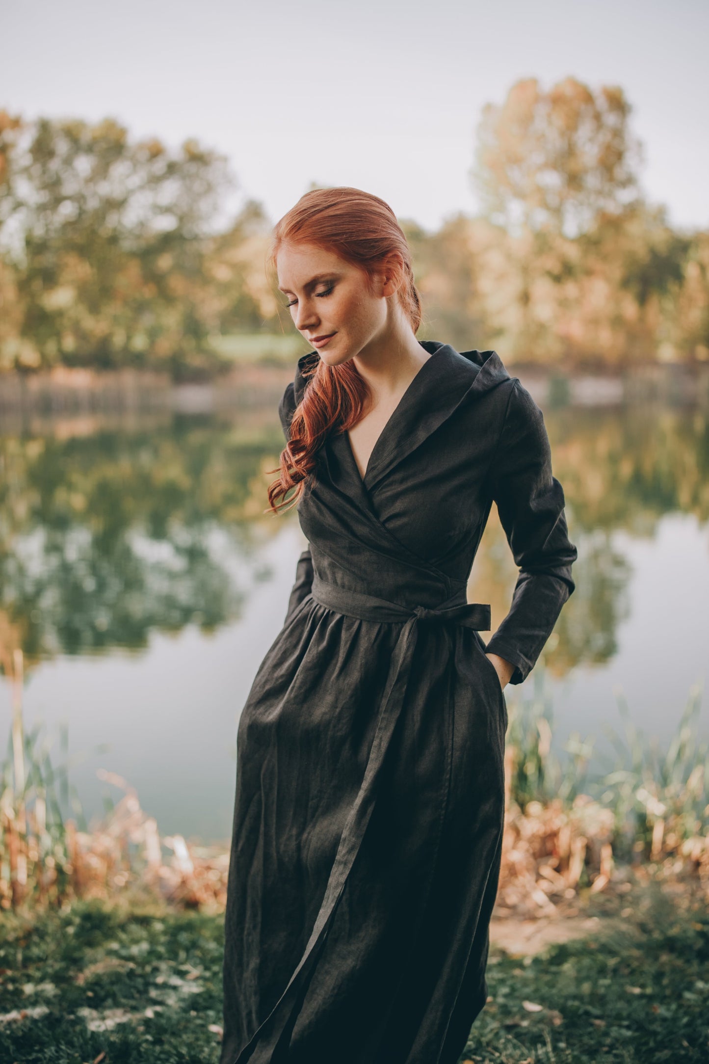 Long Sleeve Linen Wrap Dress with Hood, VisibleArtShop