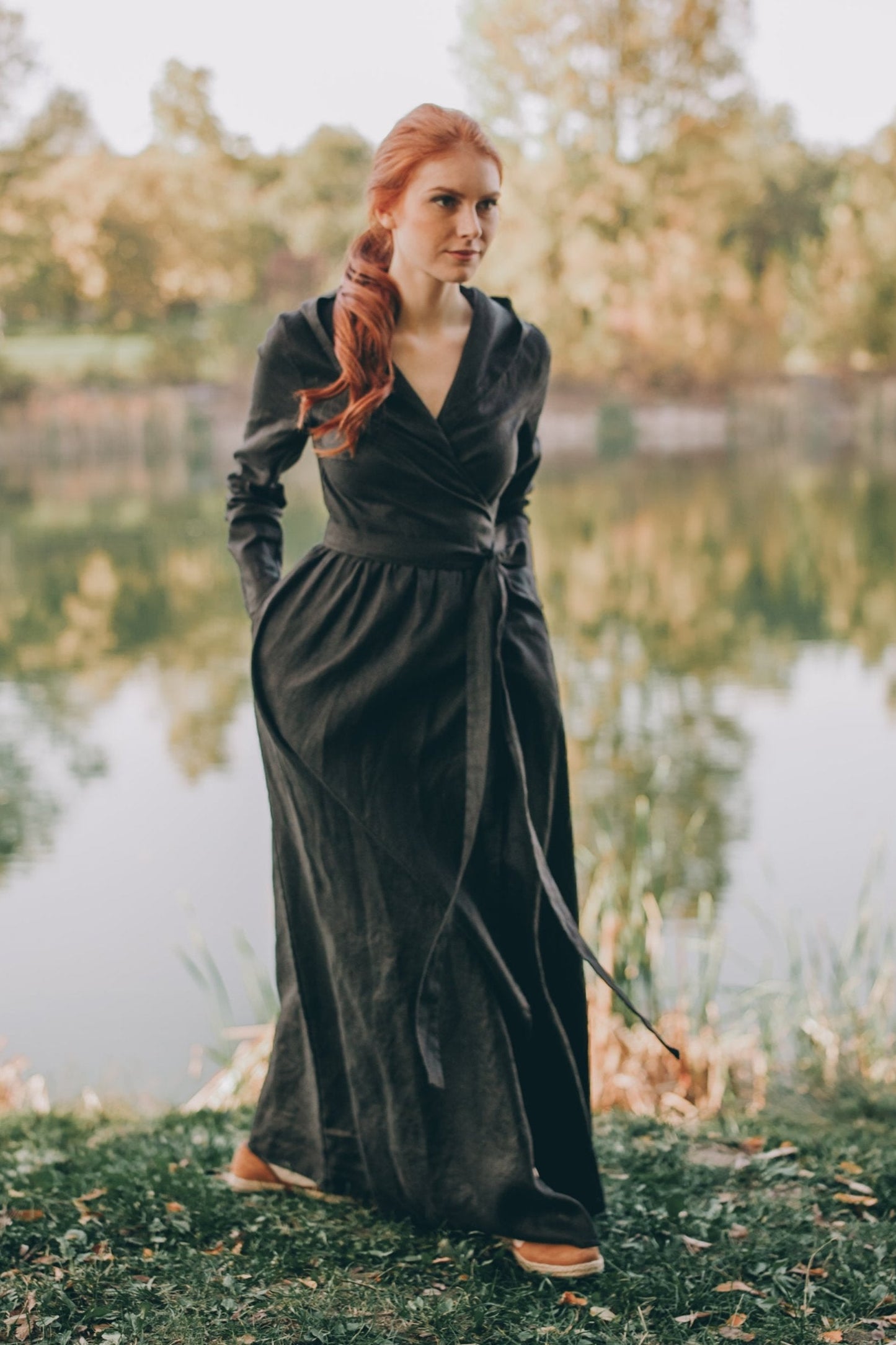 Long Sleeve Linen Wrap Dress with Hood, VisibleArtShop