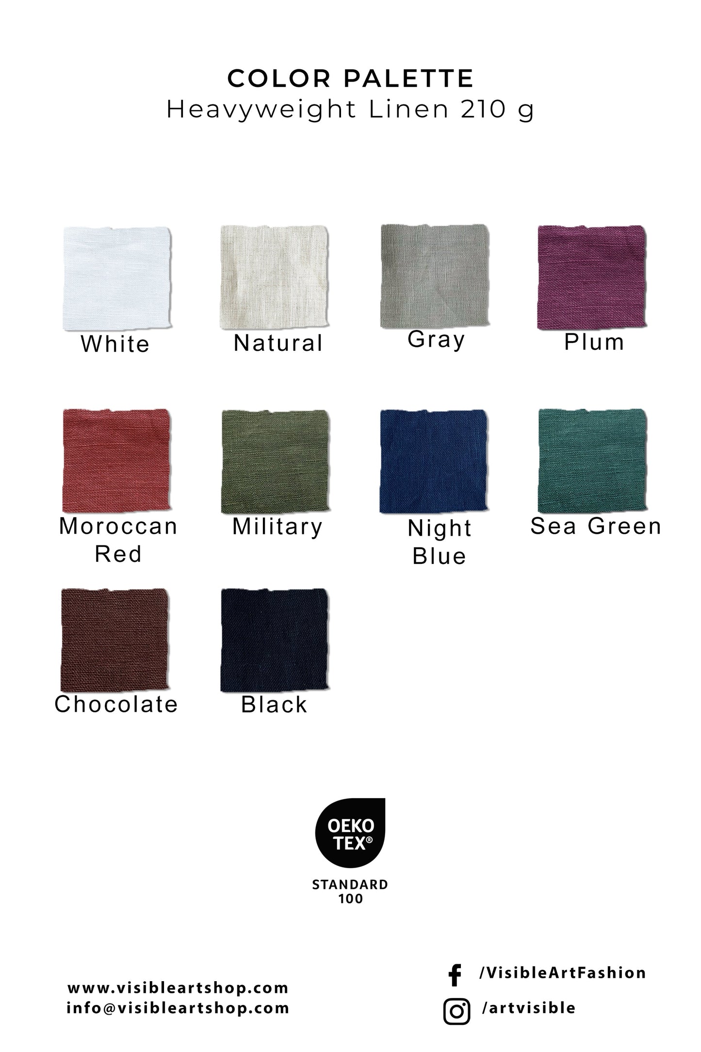 Color palette of heavyweight long sleeved linen fabric in white, natural, gray, plum, Moroccan red, military, night blue, sea green, chocolate, and black colors.
