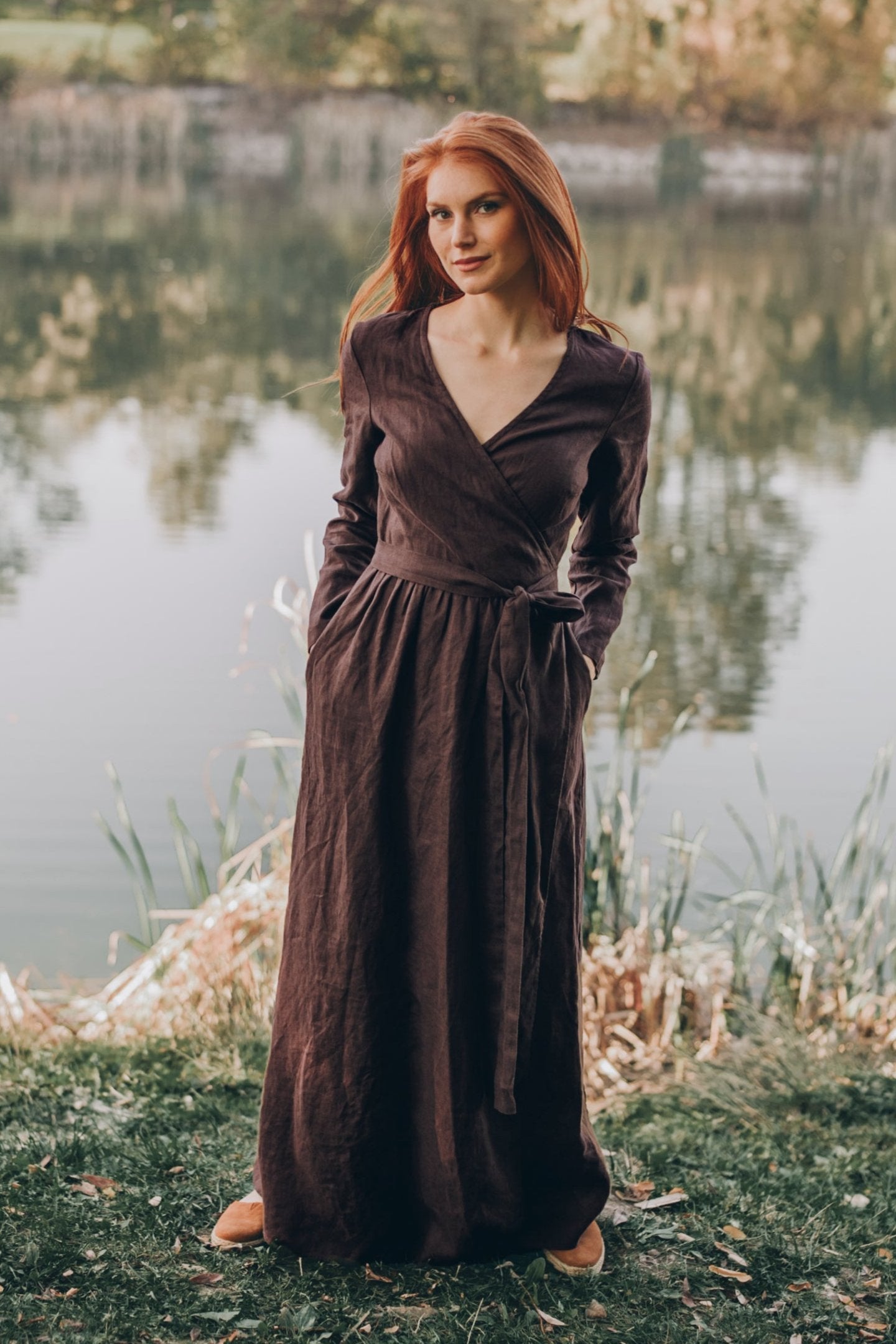 Long Sleeve Linen Wrap Dress
