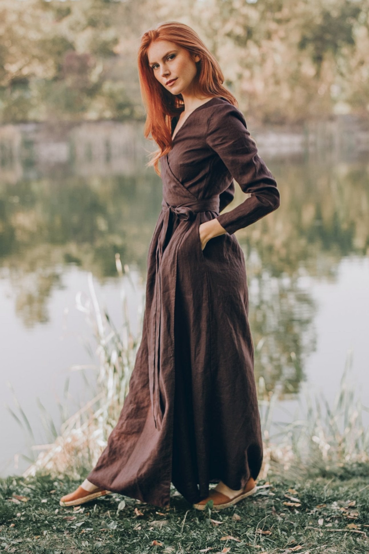 Long Sleeve Linen Wrap Dress, VisibleArtShop