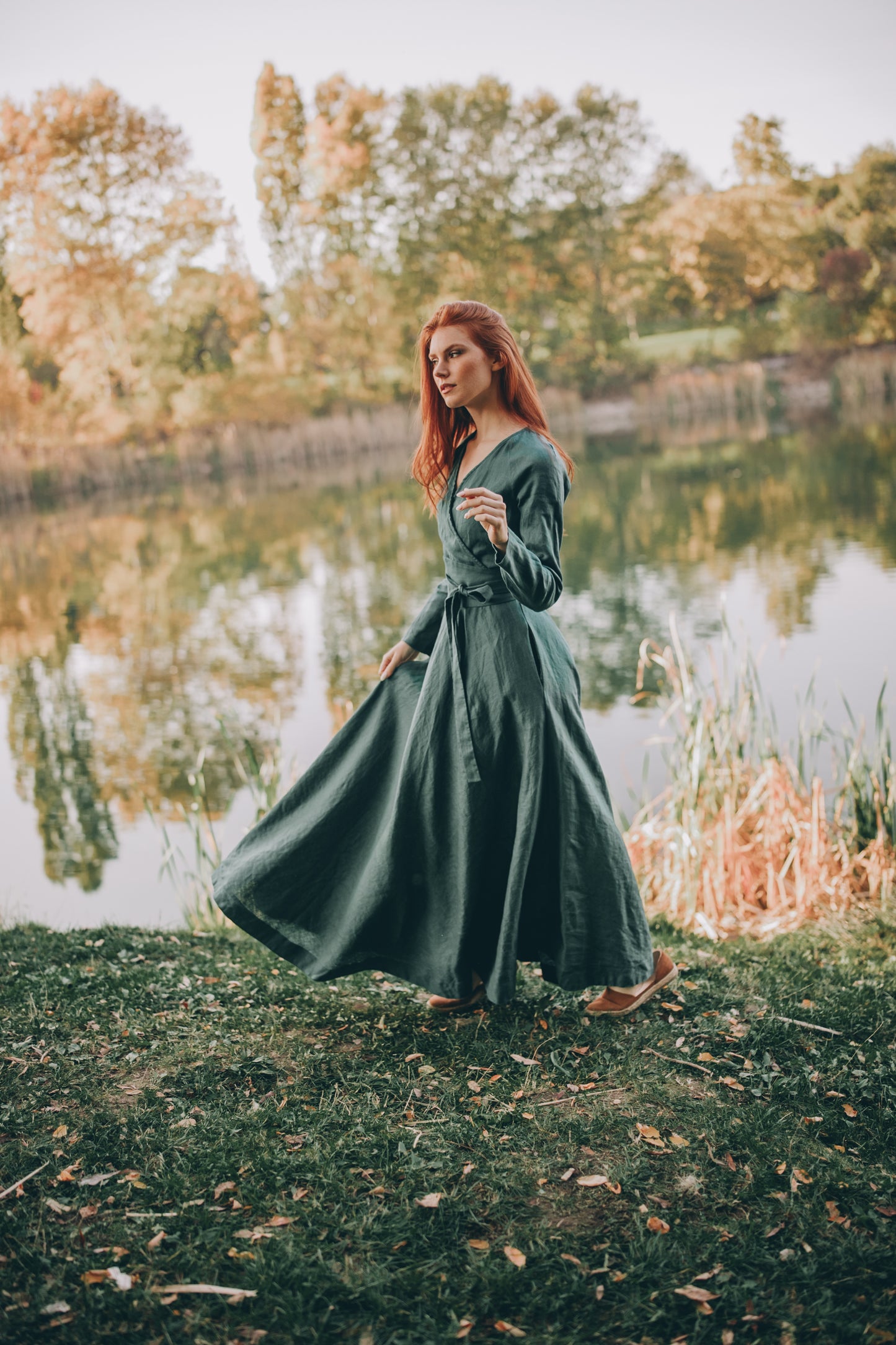 Heavy Linen Wrap Dress with Waist Belt, VisibleArtShop