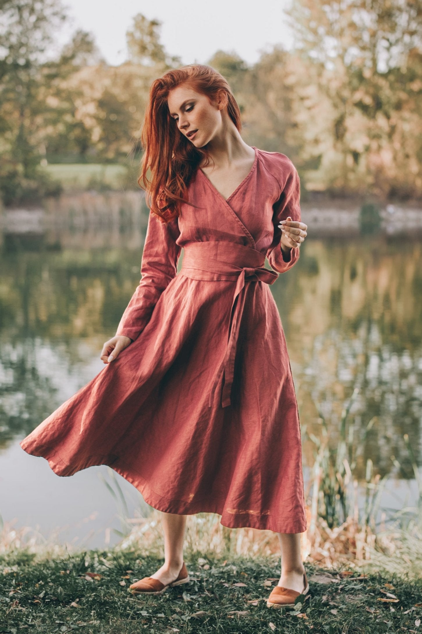 Linen Midi Dress with Tie Belt