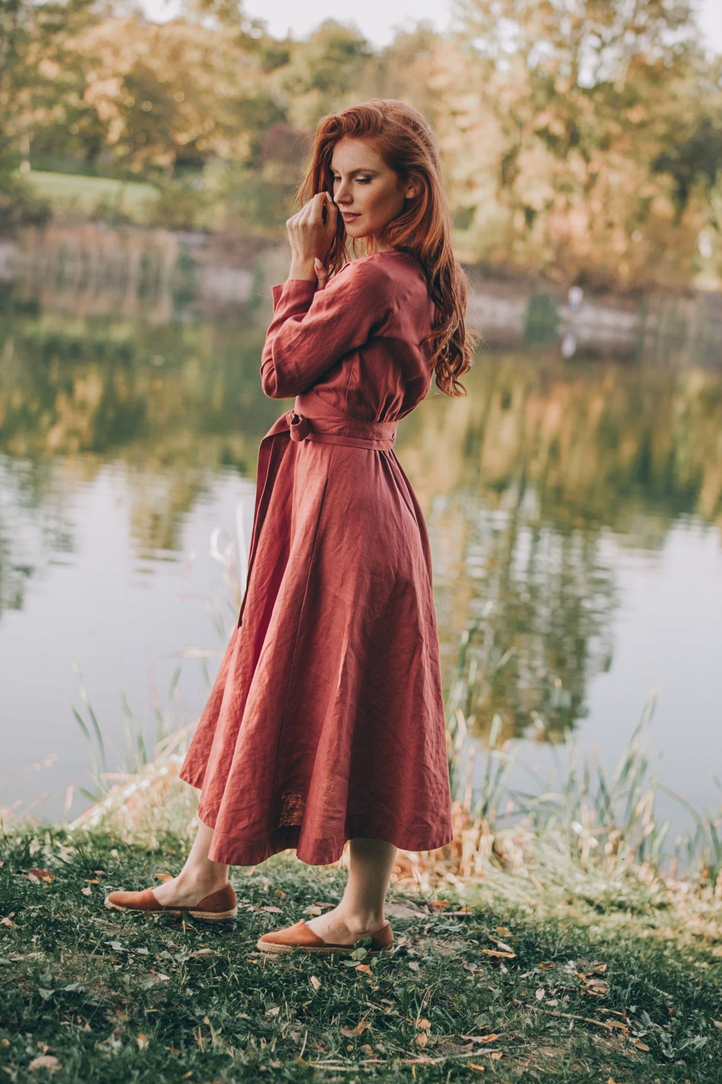 Linen Midi Dress with Tie Belt, VisibleArtShop