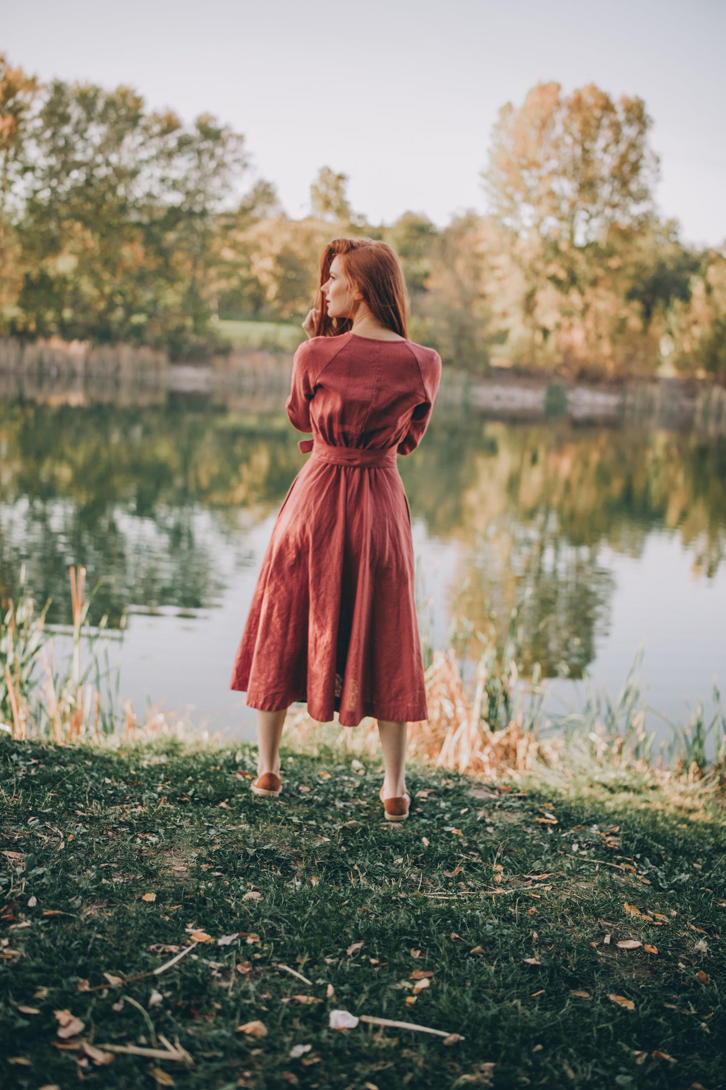 Linen Midi Dress with Tie Belt, VisibleArtShop