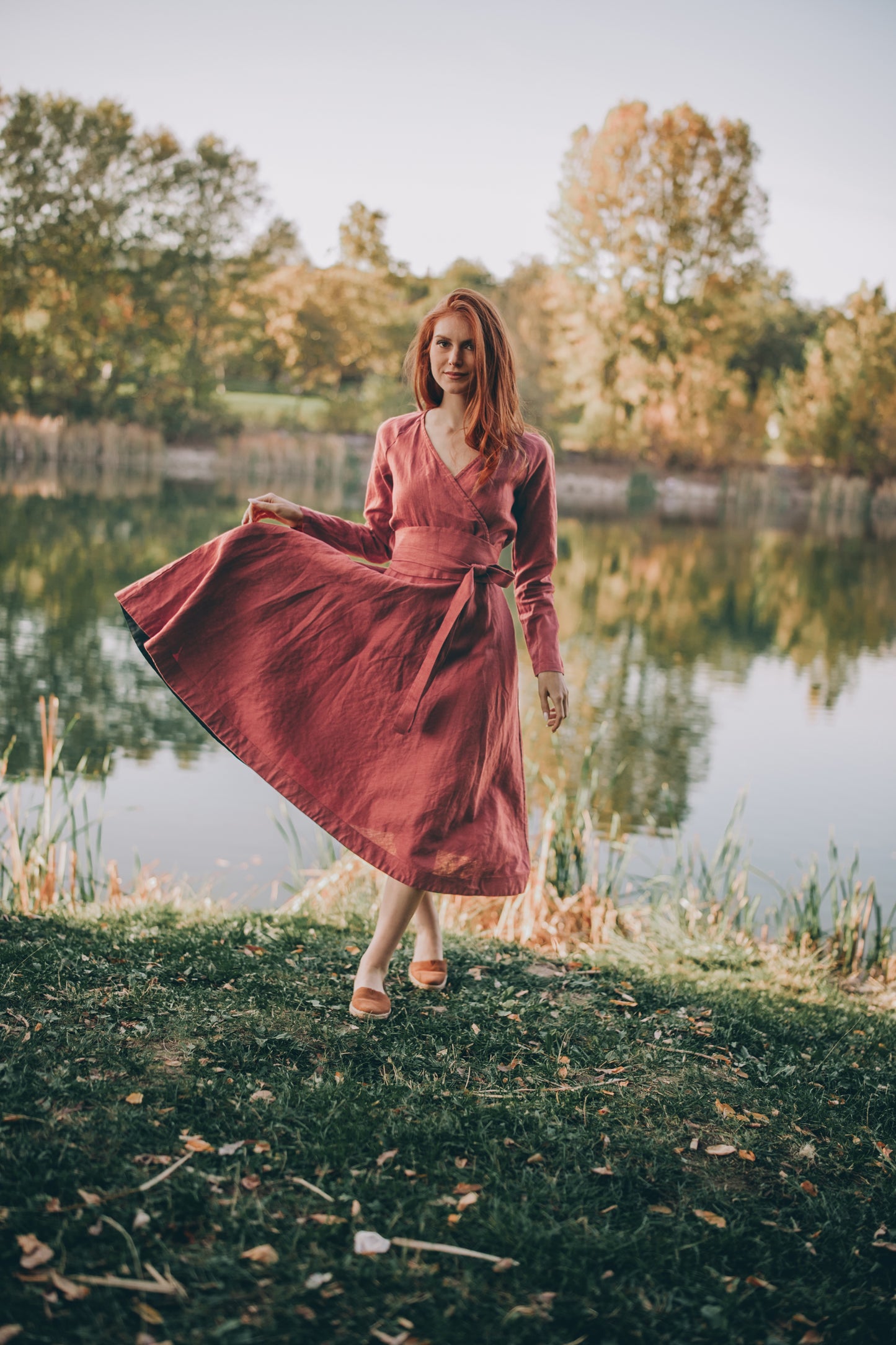 Linen Midi Dress with Tie Belt, VisibleArtShop