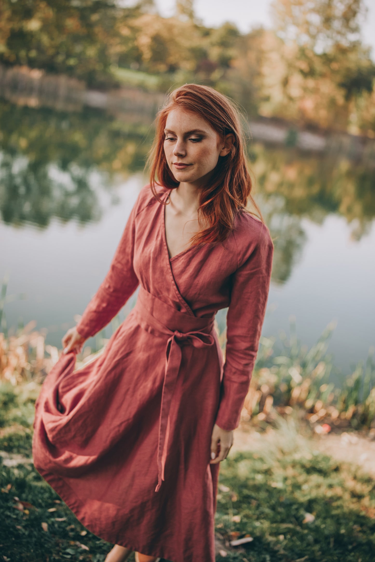 Linen Midi Dress with Tie Belt, VisibleArtShop