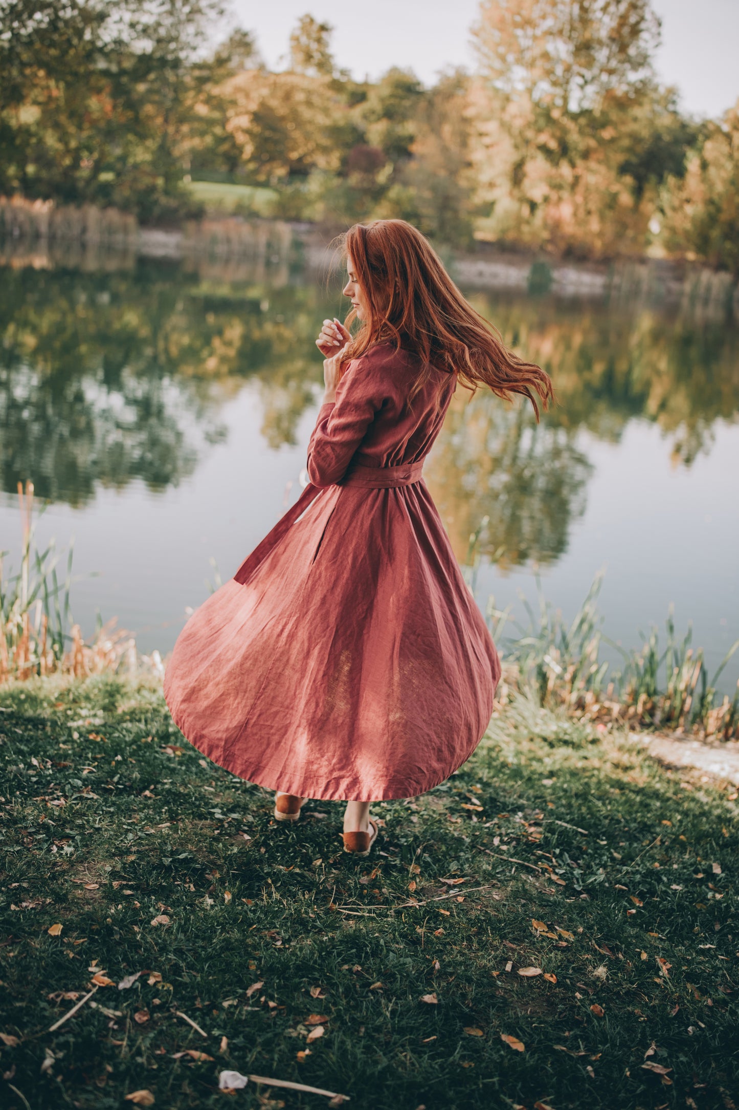 Linen Midi Dress with Tie Belt, VisibleArtShop
