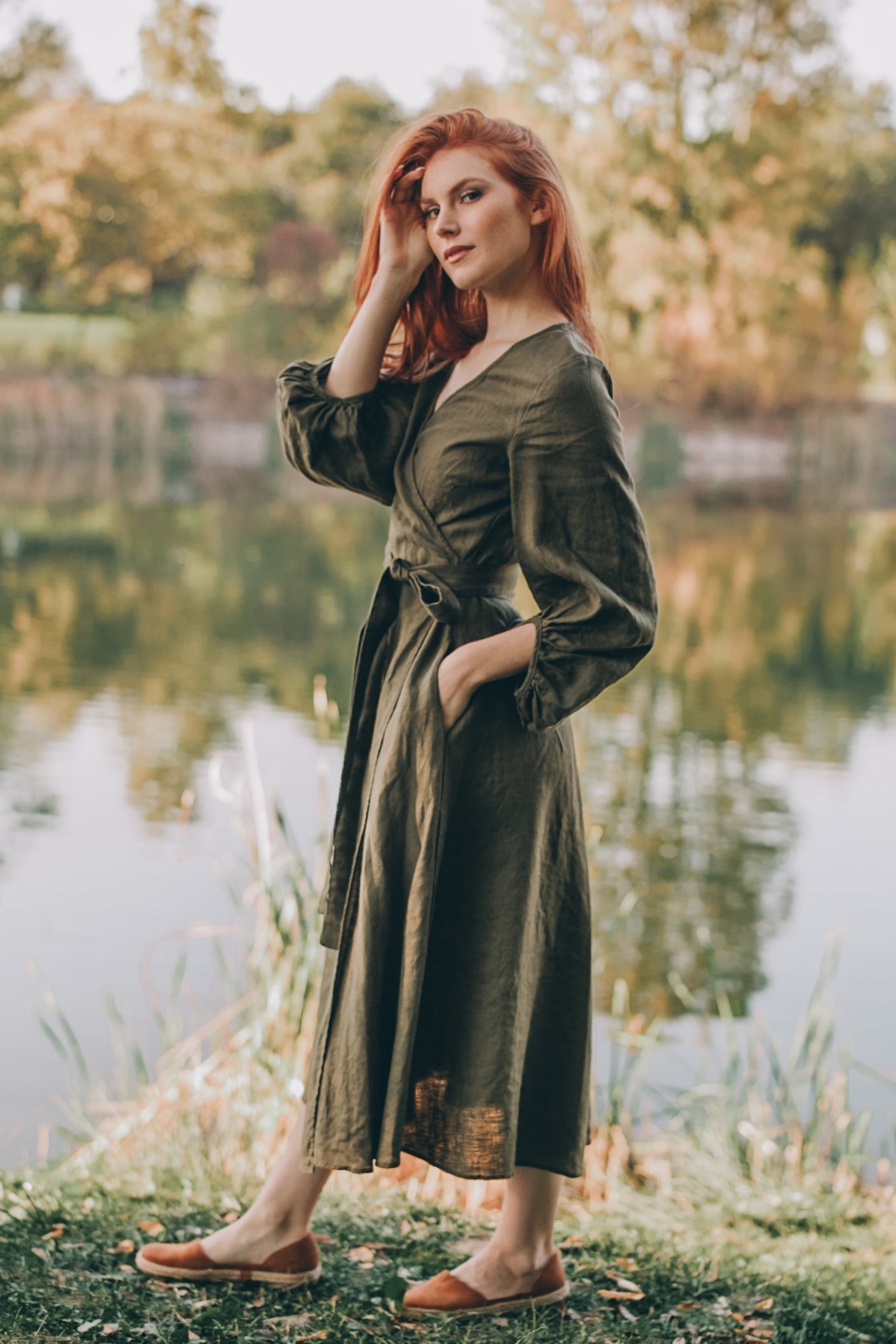 Linen Wrap Dress with Puff Sleeves, VisibleArtShop