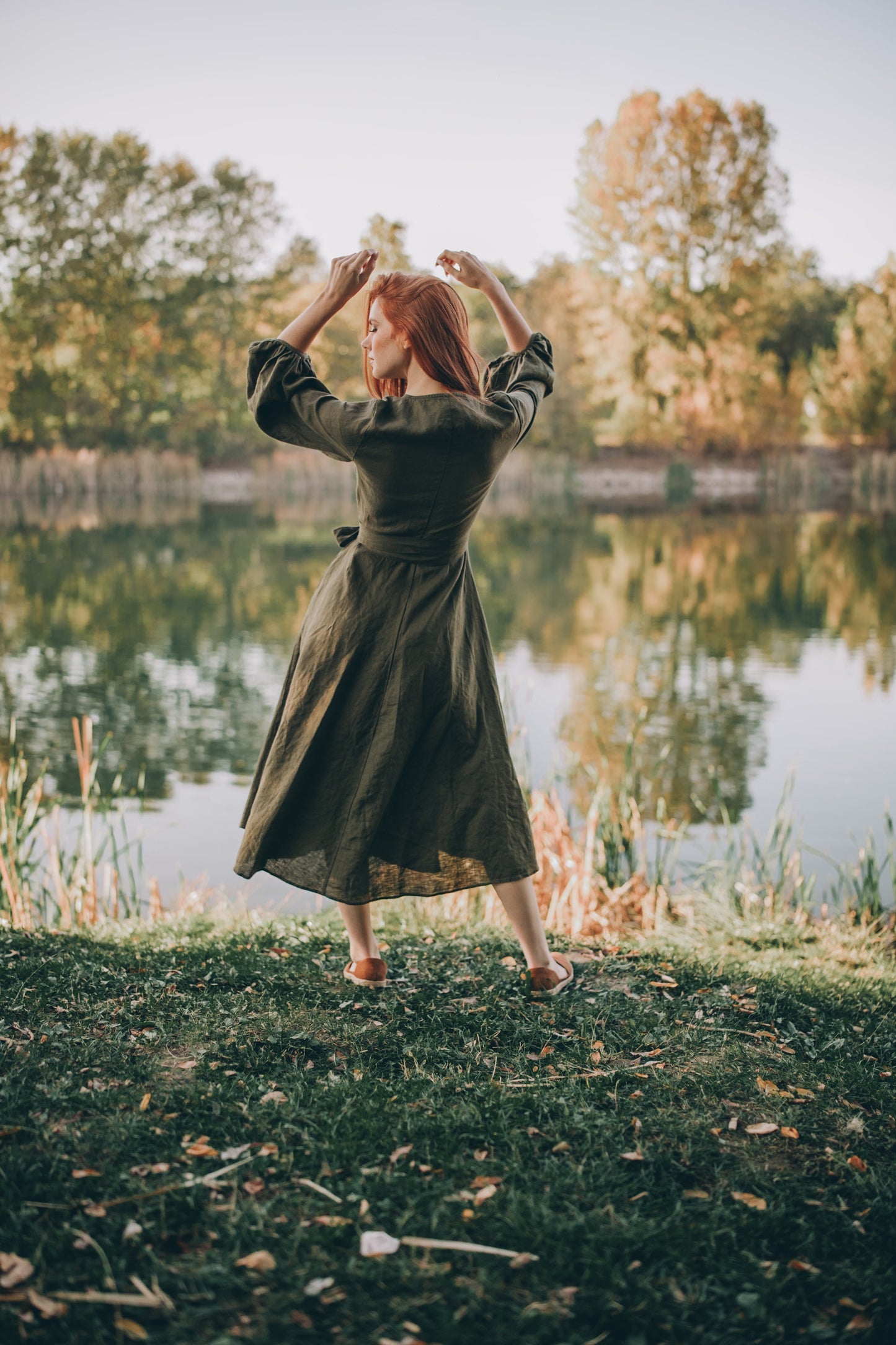 Linen Wrap Dress with Puff Sleeves, VisibleArtShop