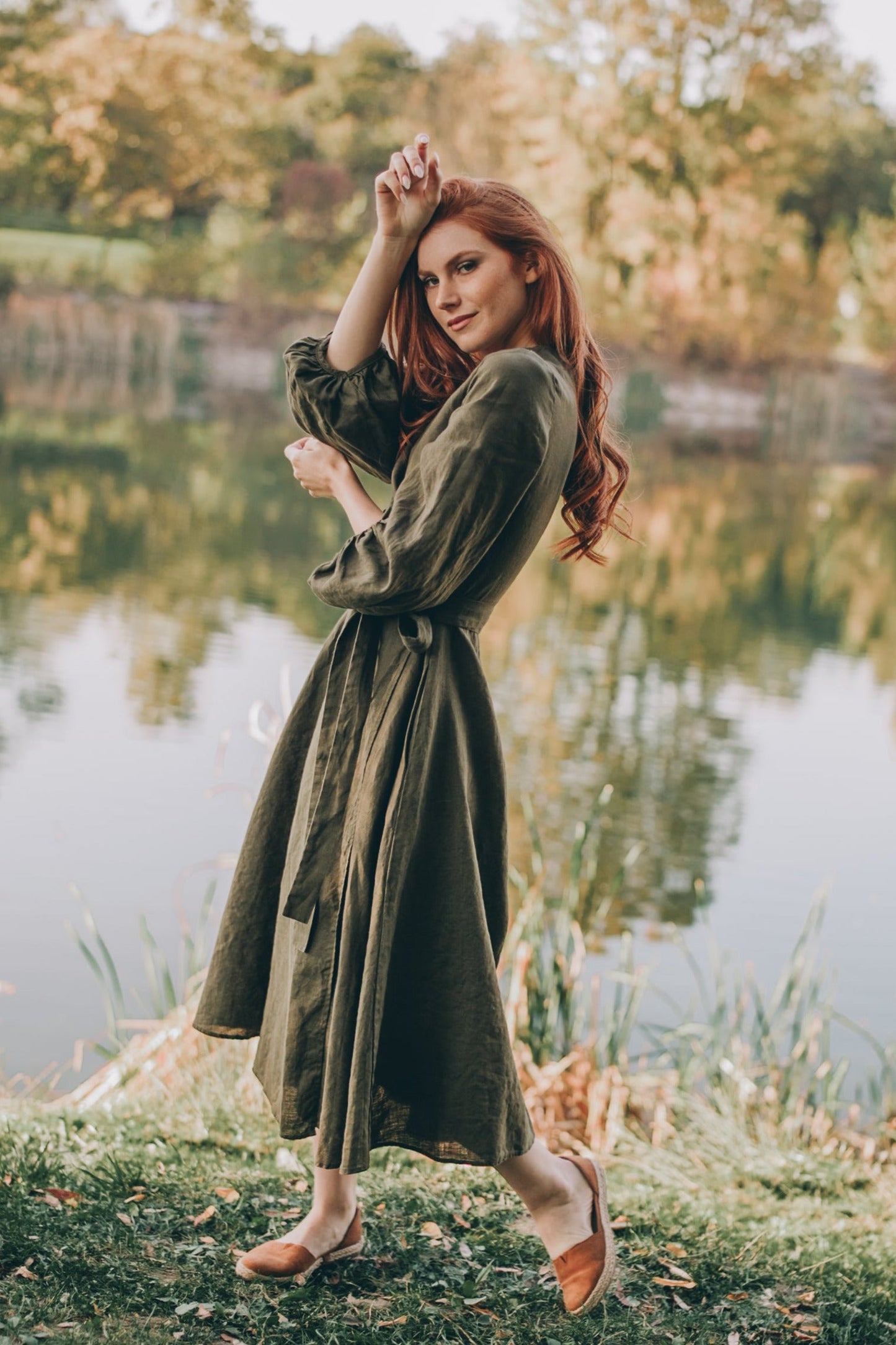 Linen Wrap Dress with Puff Sleeves, VisibleArtShop