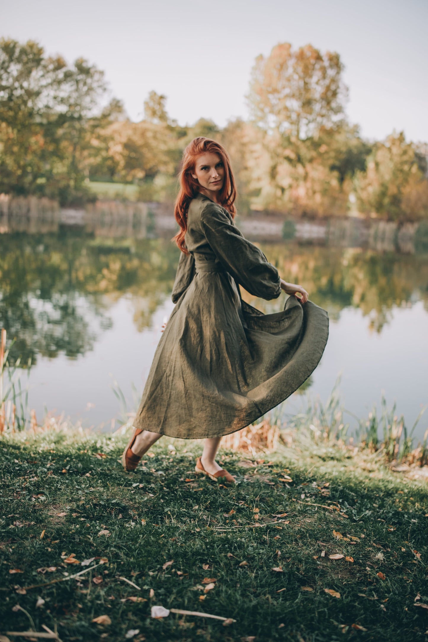 Linen Wrap Dress with Puff Sleeves, VisibleArtShop