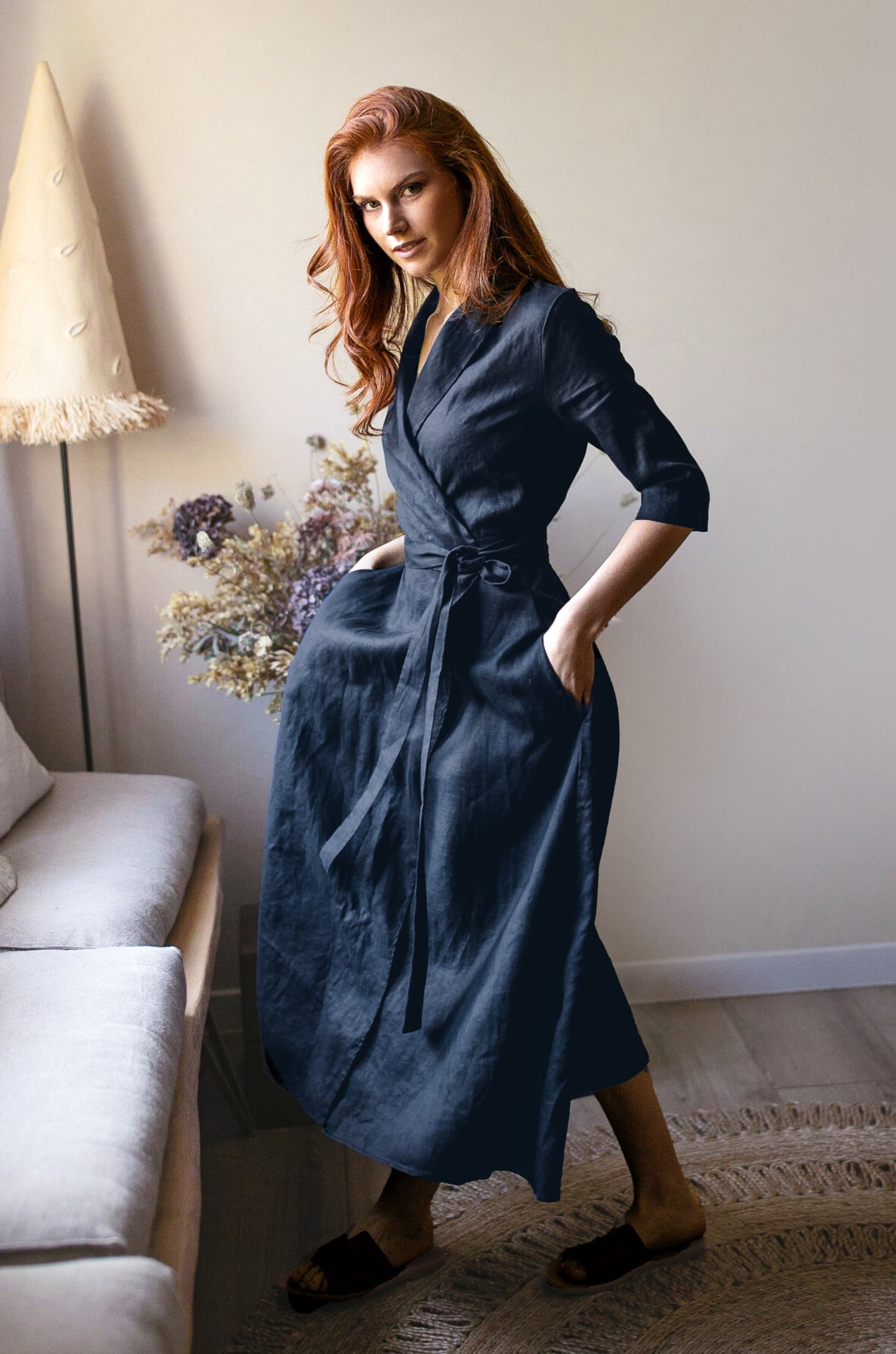 Night Blue Linen Dress - Linen Wrap Dress for Women - Linen Midi Dress - Summer Dress with Pockets