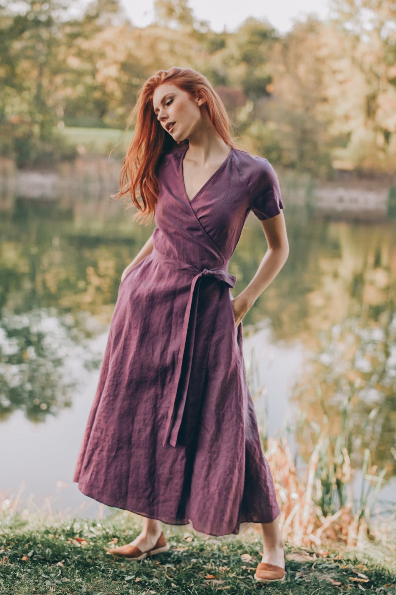 Midi Length Linen Wrap Dress Comfortable Summer Style