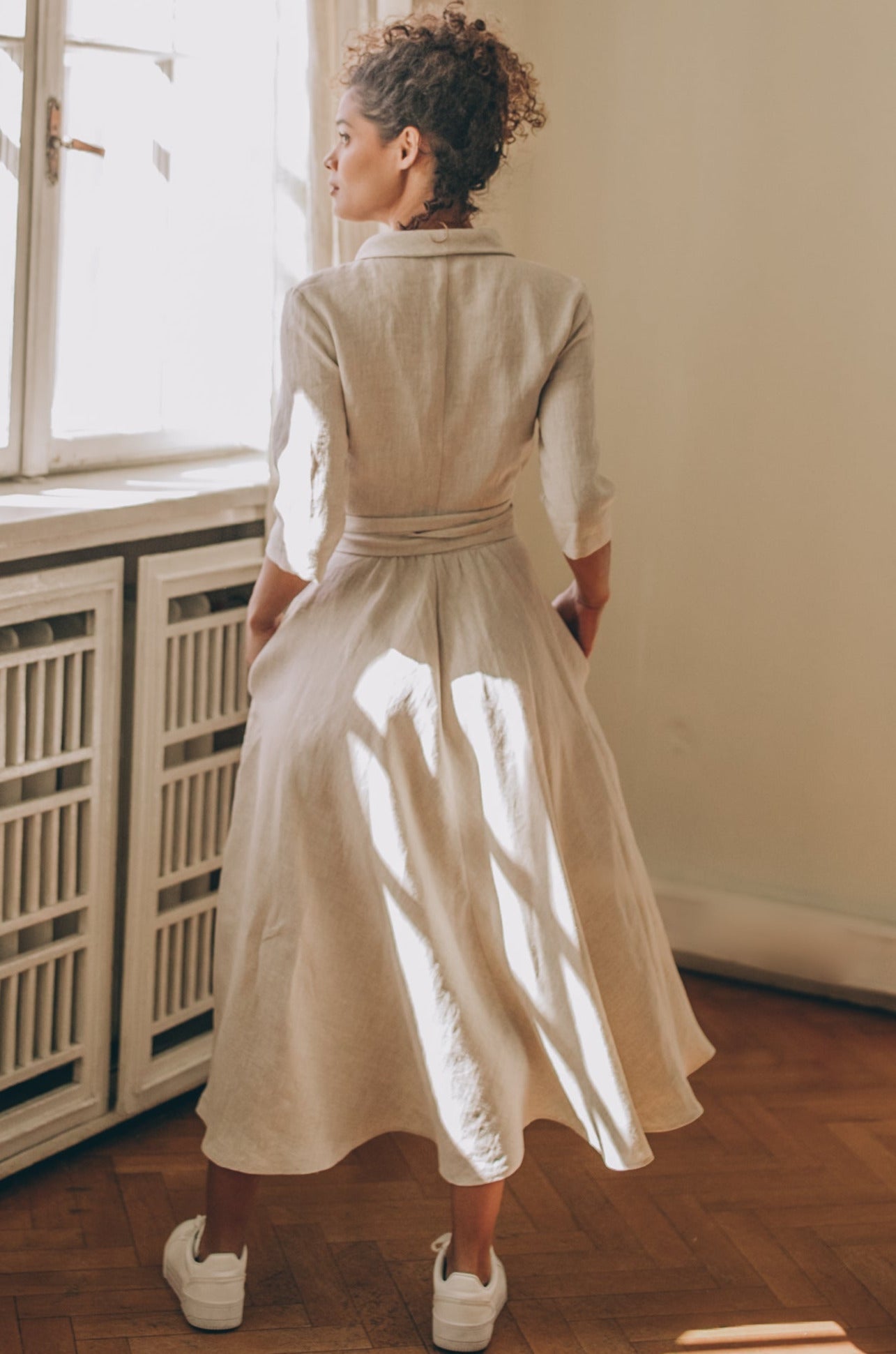 Midi Length Linen Dress with Tie Waist, VisibleArtShop