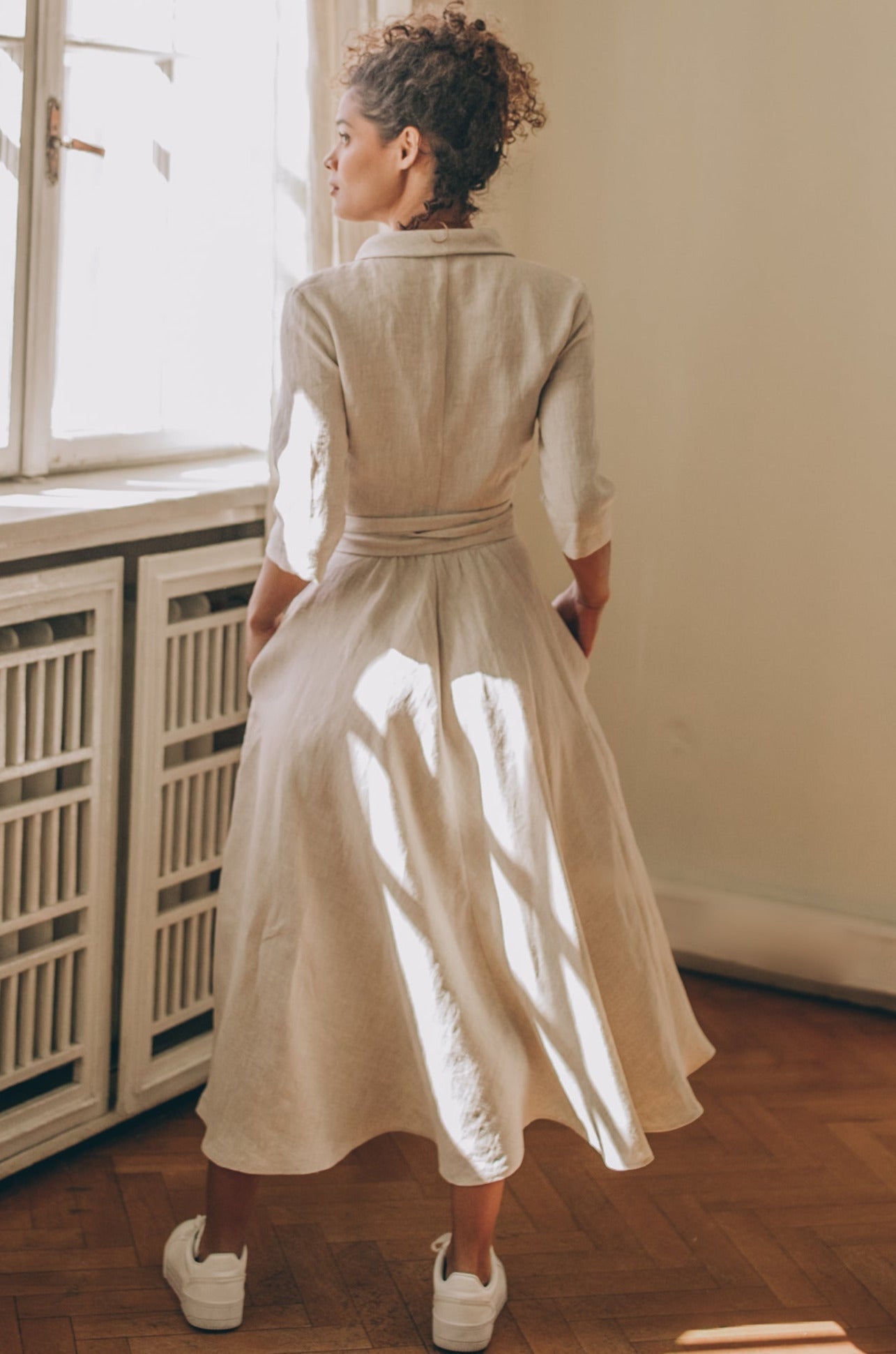 Midi Length Linen Dress with Tie Waist, VisibleArtShop