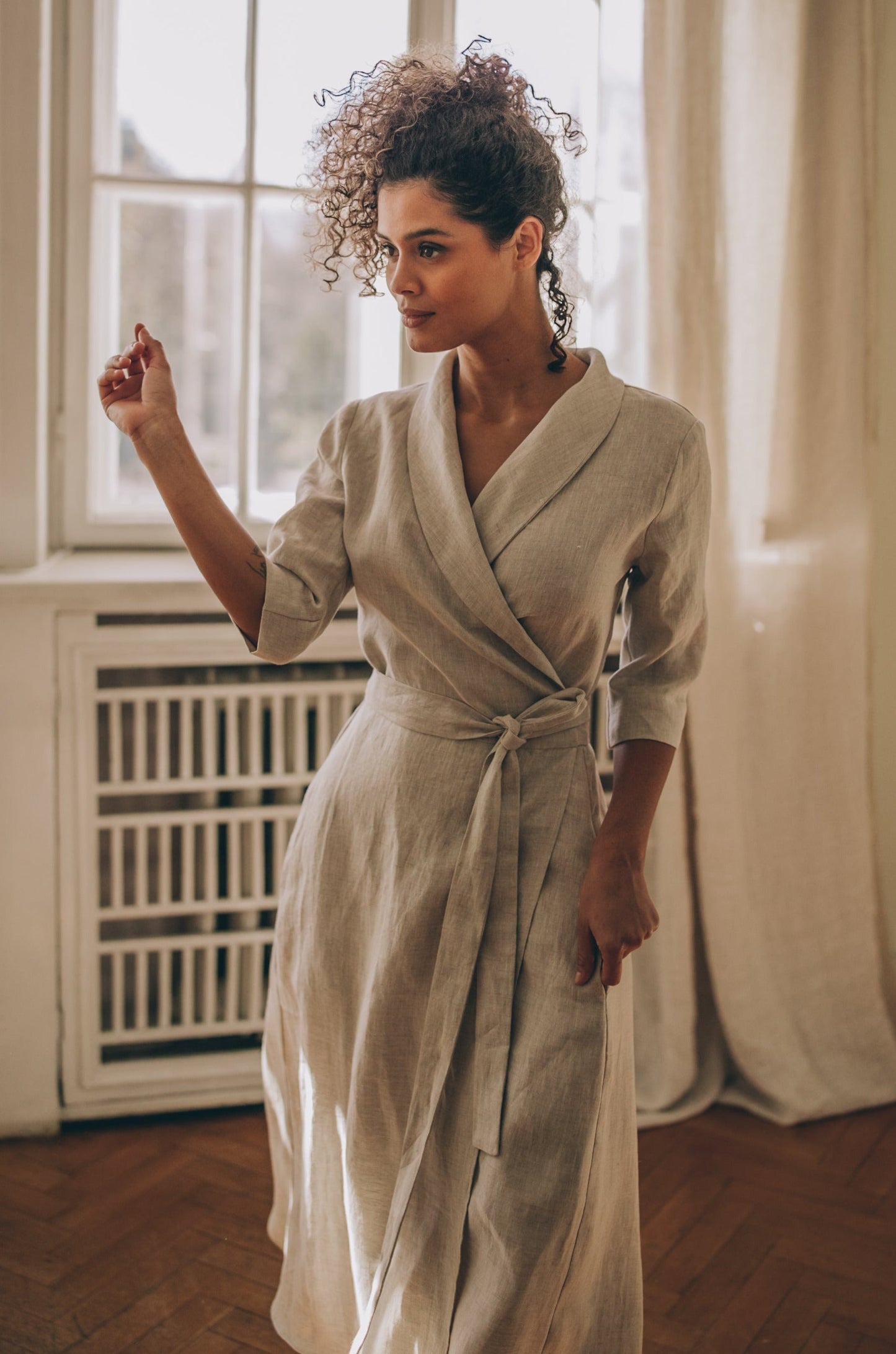 Midi Length Linen Dress with Tie Waist, VisibleArtShop