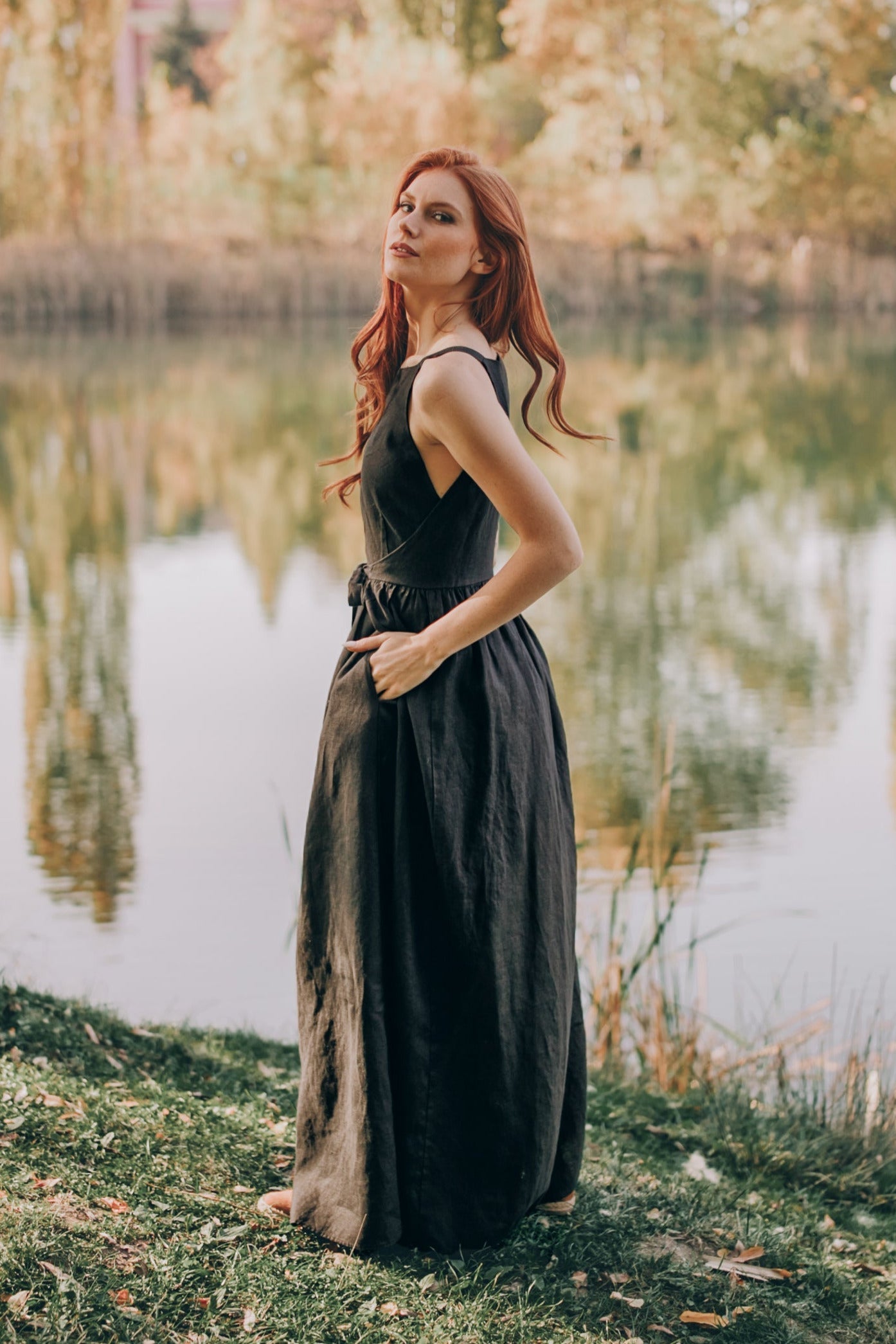 Unique Double Wrap Linen Maxi Dress, Linen Dress for Women, Summer Wrap Dress with Pockets, Boho Womens Linen Clothing, Handmade Bridesmaid Dress, L /