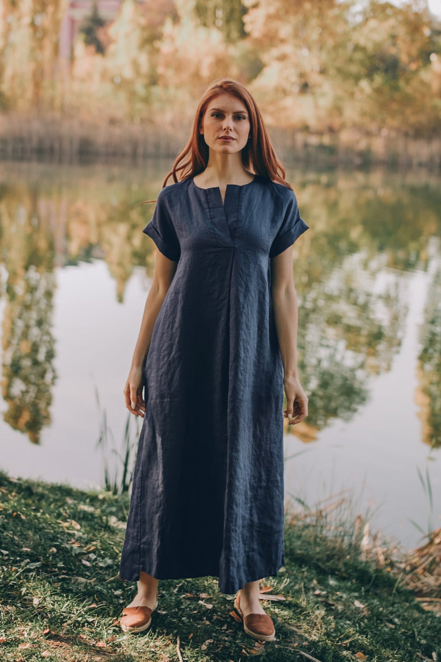 Relaxed Linen Midi Dress, Short Sleeve Linen Midi Dress, Night Blue Linen Dress with Pockets, Summer Linen Dress Women, Women Linen Clothing, XL / Relaxed Linen Midi Dress, Short Sleeve Linen Midi Dress, Night Blue Linen Dress with Pockets, Summer Linen Dress Women, Women Linen Clothing, XL /