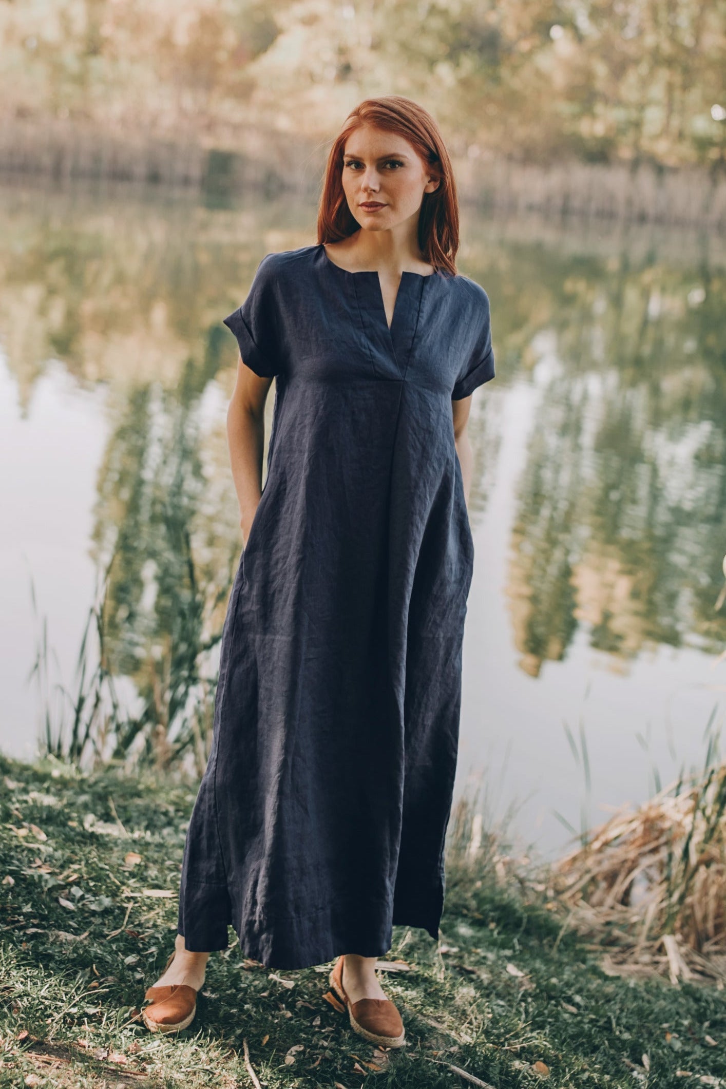 Short Sleeve Navy Linen Dresses Relaxed Linen Midi Dress, Short Sleeve Linen Midi Dress, Night Blue Short Sleeve Navy Linen Dresses Relaxed Linen Midi Dress, Short Sleeve Linen Midi Dress, Night Blue