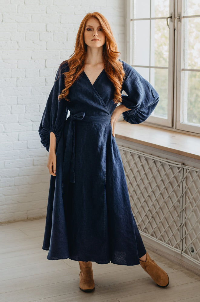 Linen Wrap Dress with Puff Sleeve-visibleartshop