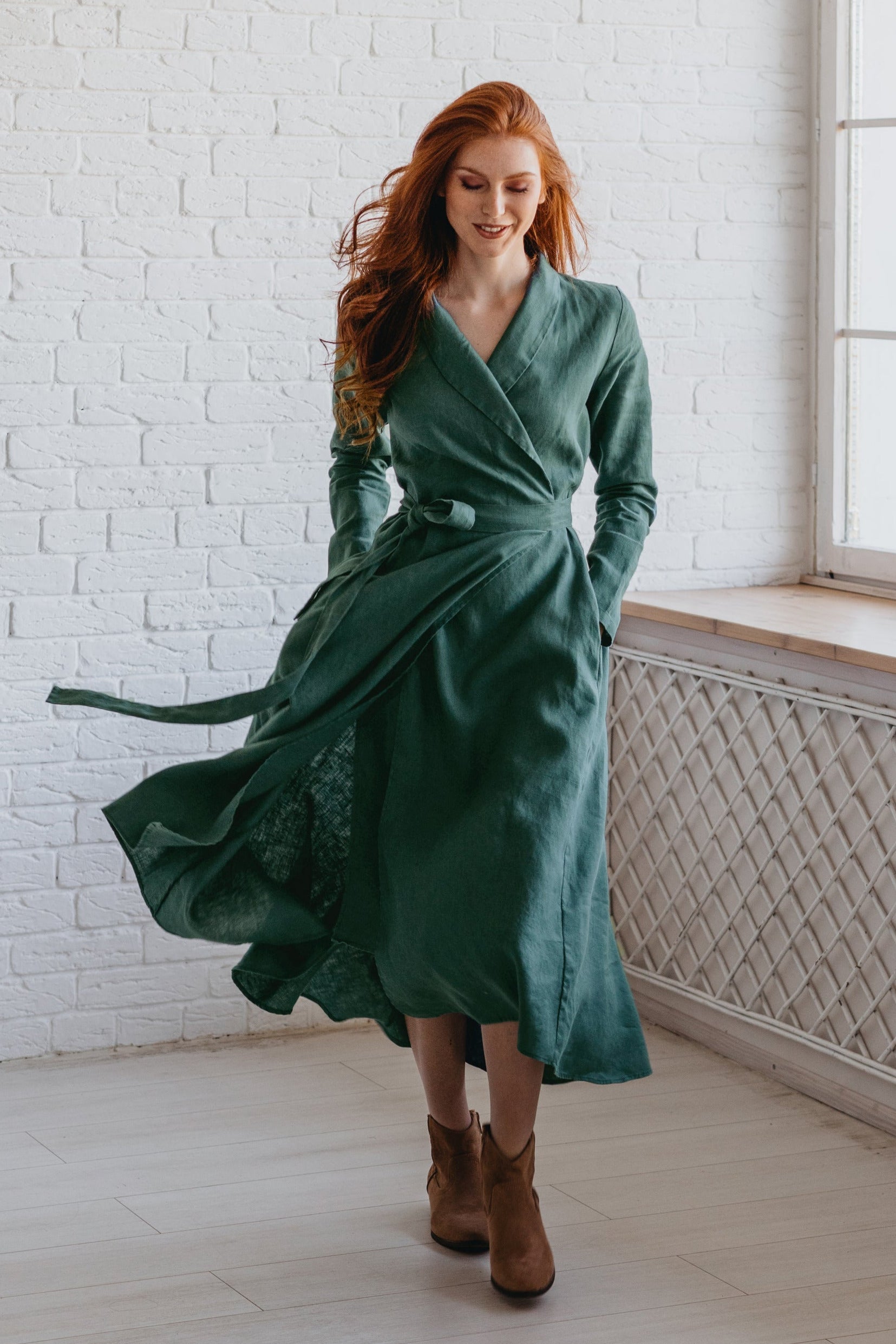 Heavyweight Linen Wrap Dress in Midi Length - Petrol Blue Linen Wrap Dress - Fall Linen Dress