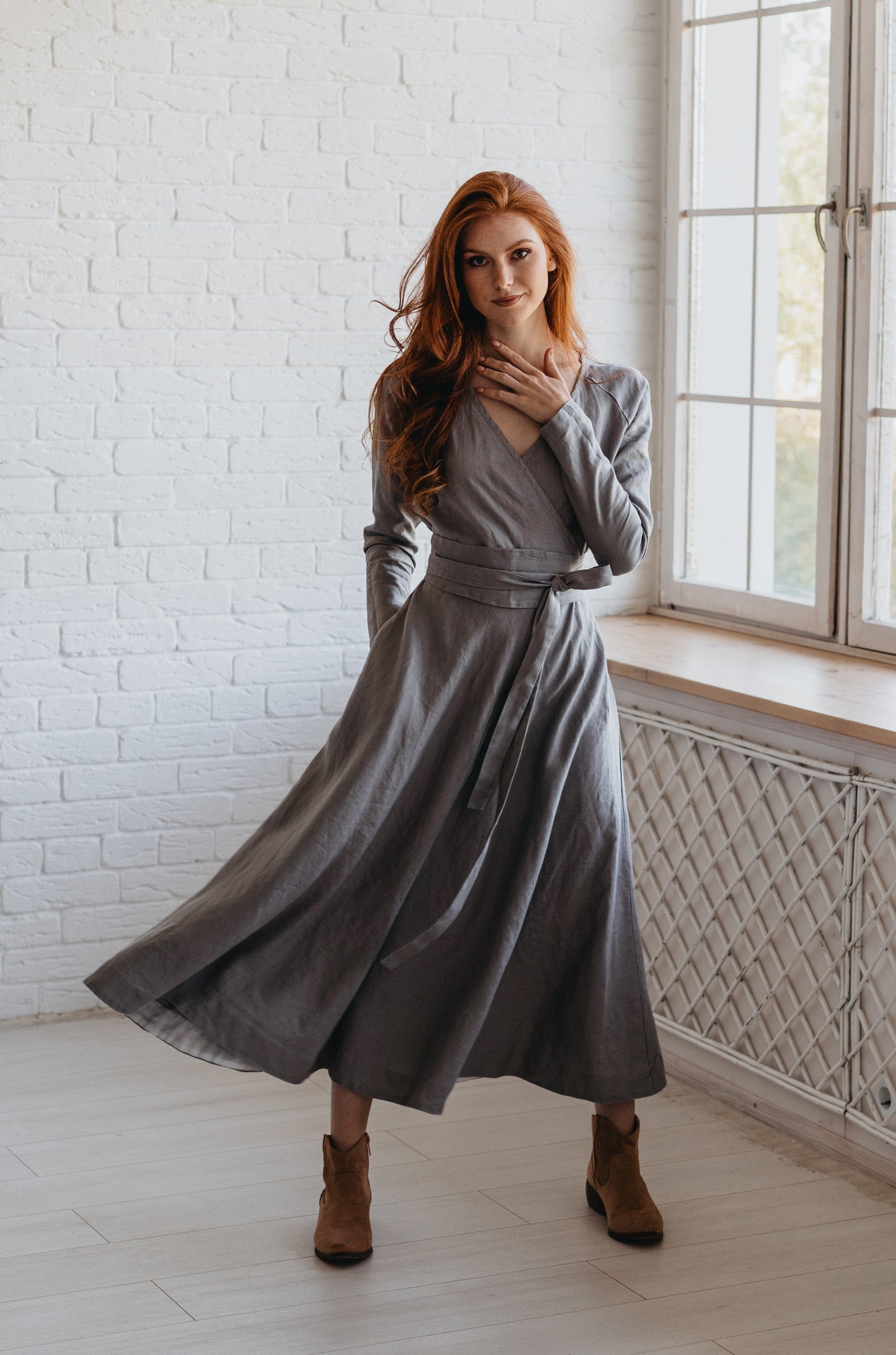 Heavyweight Linen Midi Dress - Gray Linen Dress - Linen Dress with Pockets - Boho Linen Dress with Belt - Heavyweight Linen Clothing for Women, 2XL / Heavyweight Linen Midi Dress - Gray Linen Dress - Linen Dress with Pockets - Boho Linen Dress with Belt - Heavyweight Linen Clothing for Women, 2XL /
