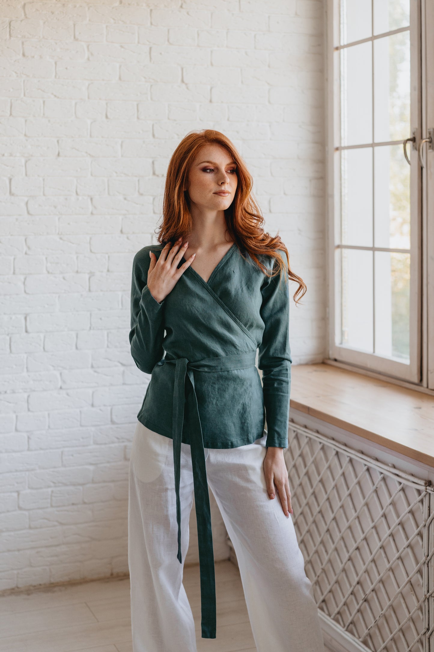 Elongated Minimalist Linen Wrap Top - visibleartshop