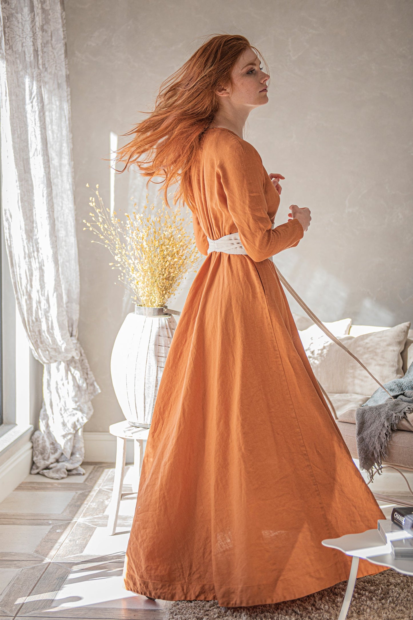 Heavy Linen Wrap Dress with Waist Belt, VisibleArtShop