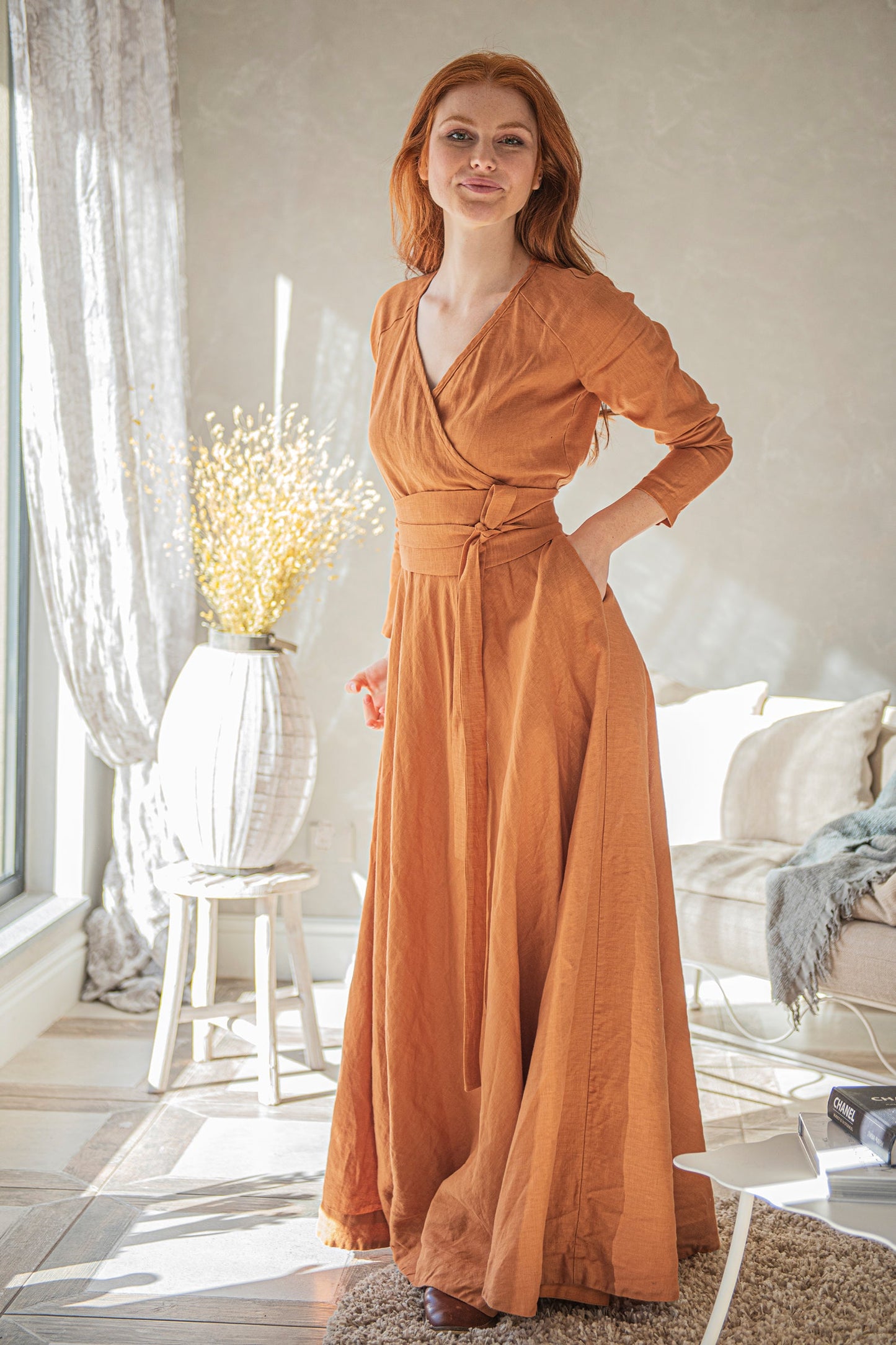Heavy Linen Wrap Dress with Waist Belt, VisibleArtShop