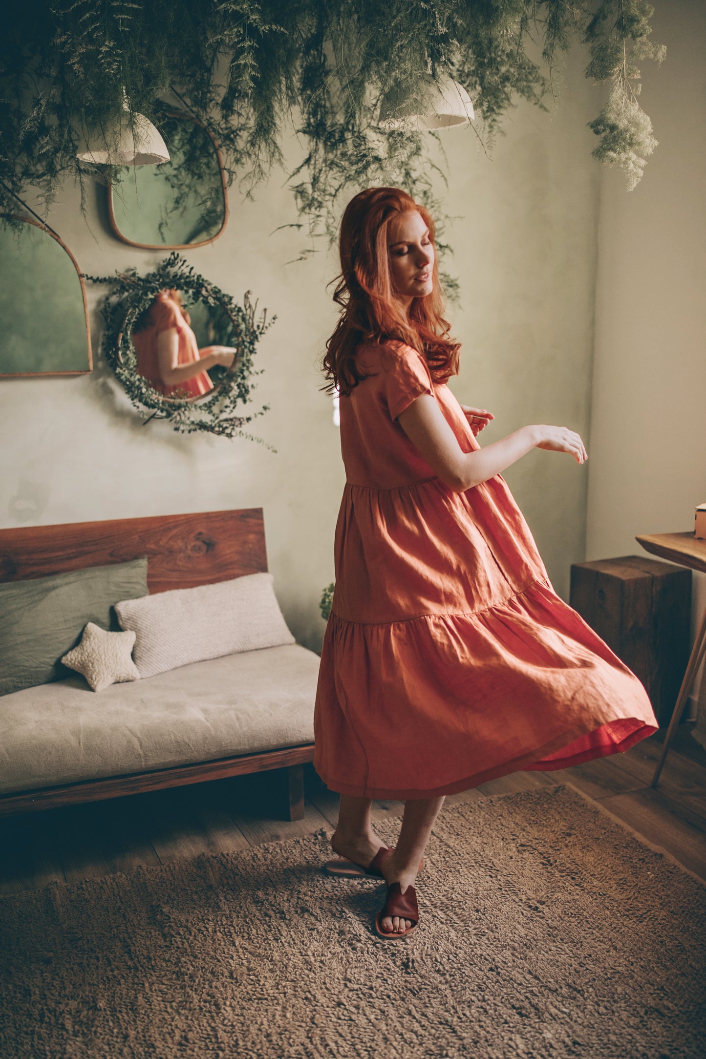 Bohemian Linen Dress in Midi Length, VisibleArtShop