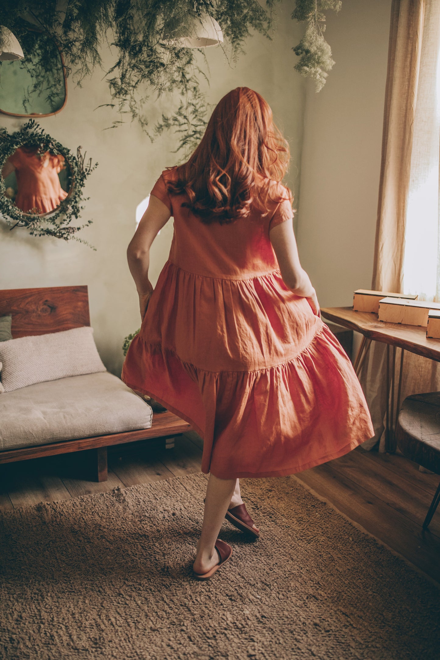 Bohemian Linen Dress in Midi Length, VisibleArtShop