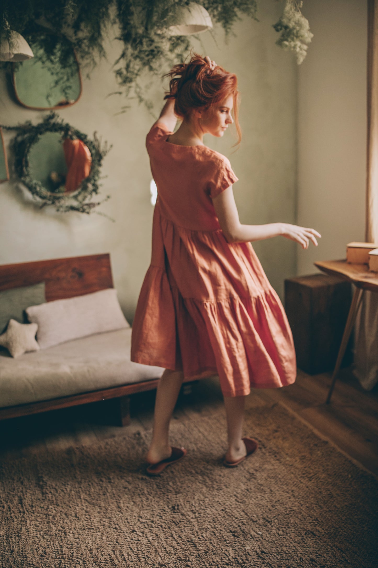 Bohemian Linen Dress in Midi Length, VisibleArtShop